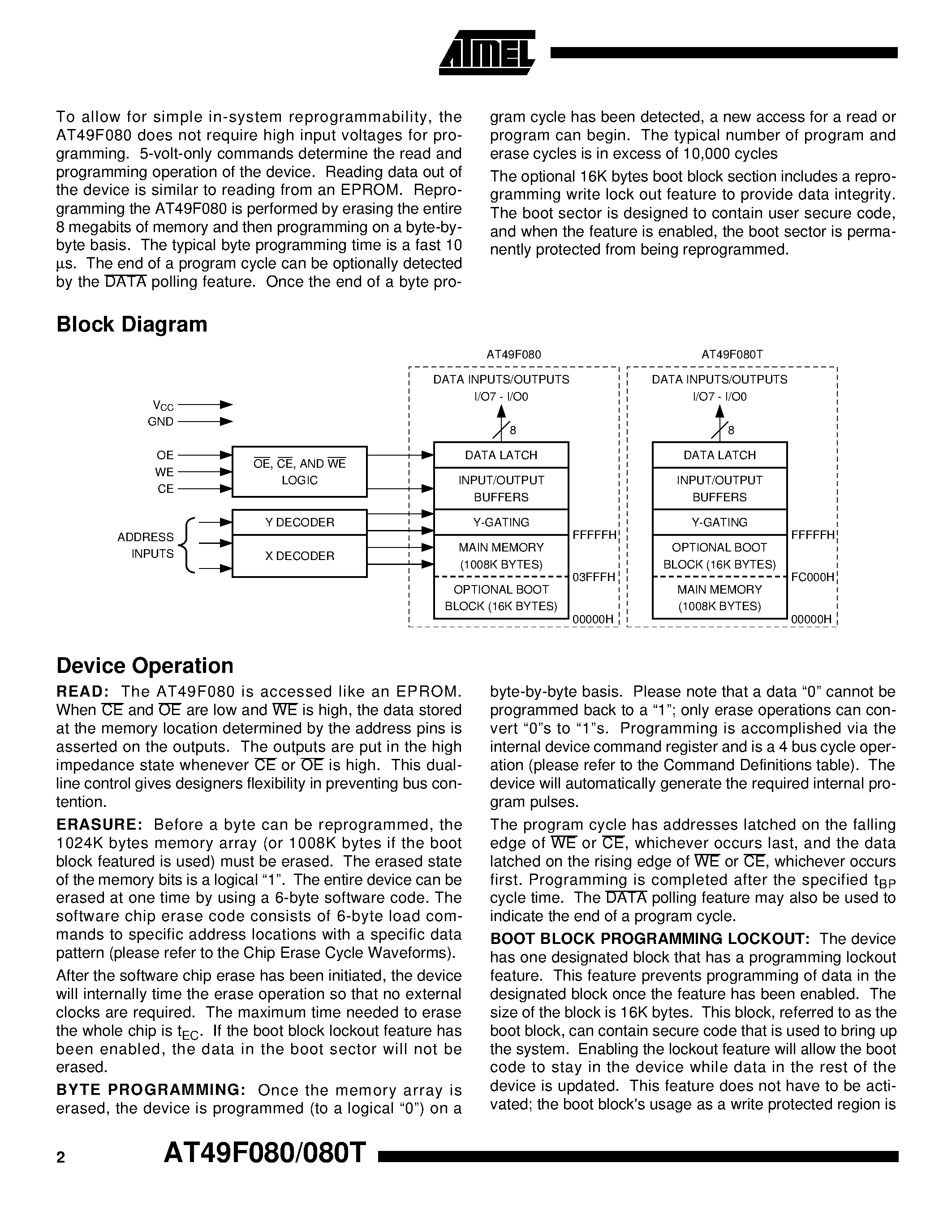 Datasheet AT49F1024 - 1-Megabit 64K x 16 5-volt Only Flash Memory page 2