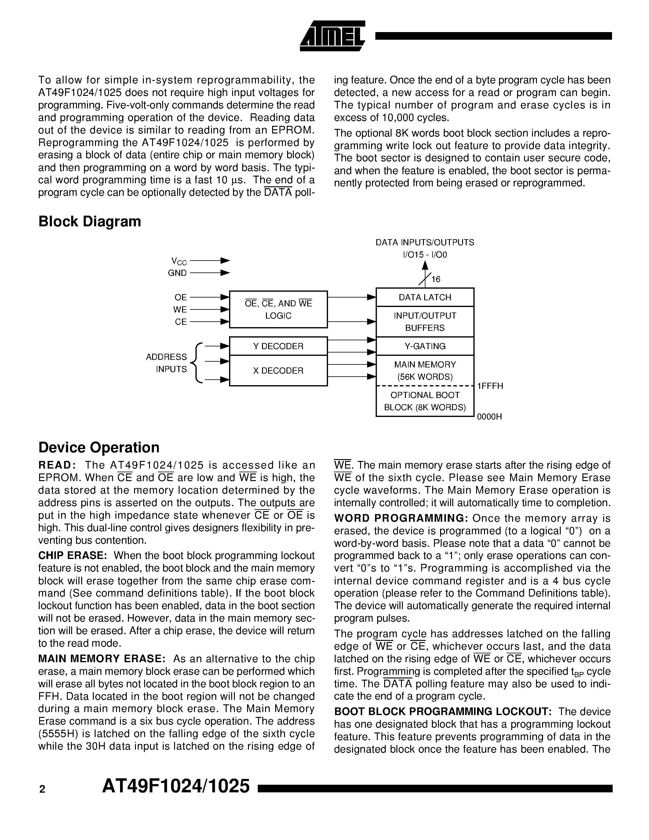 Datasheet AT49F1024-55VC - 1-Megabit 64K x 16 5-volt Only Flash Memory page 2