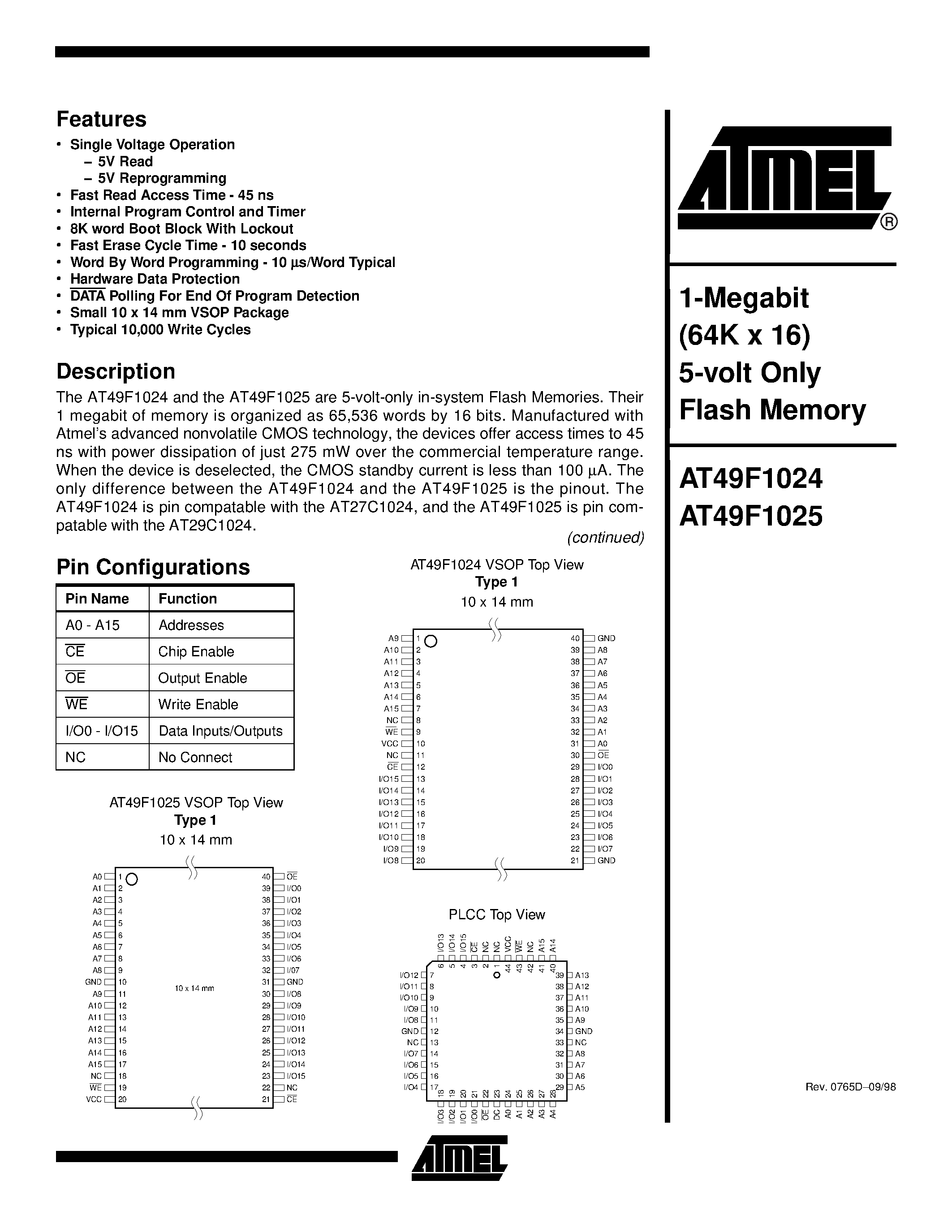 Datasheet AT49F1024-55VI - 1-Megabit 64K x 16 5-volt Only Flash Memory page 1