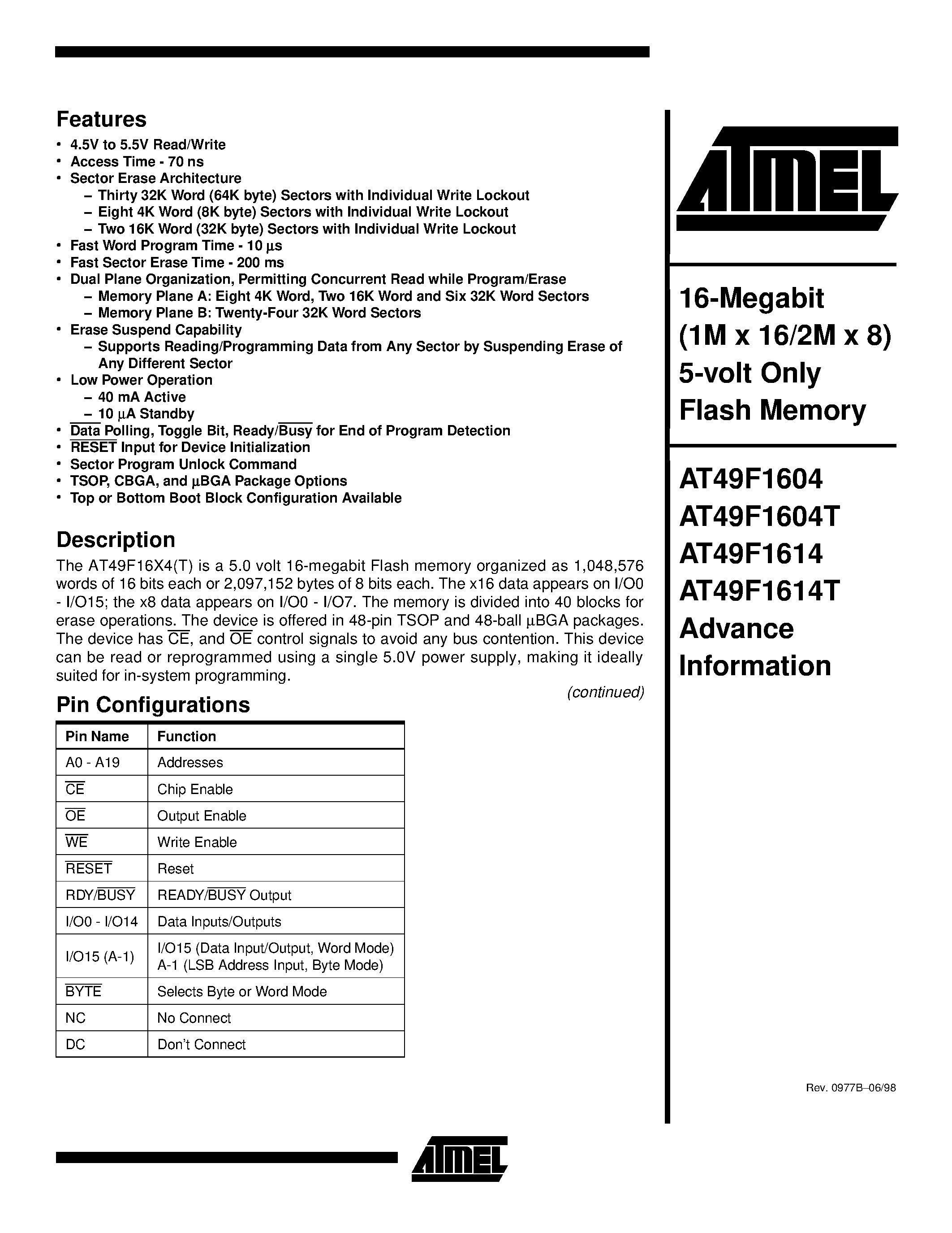 Datasheet AT49F1604-70TC - 16-Megabit 1M x 16/2M x 8 5-volt Only Flash Memory page 1