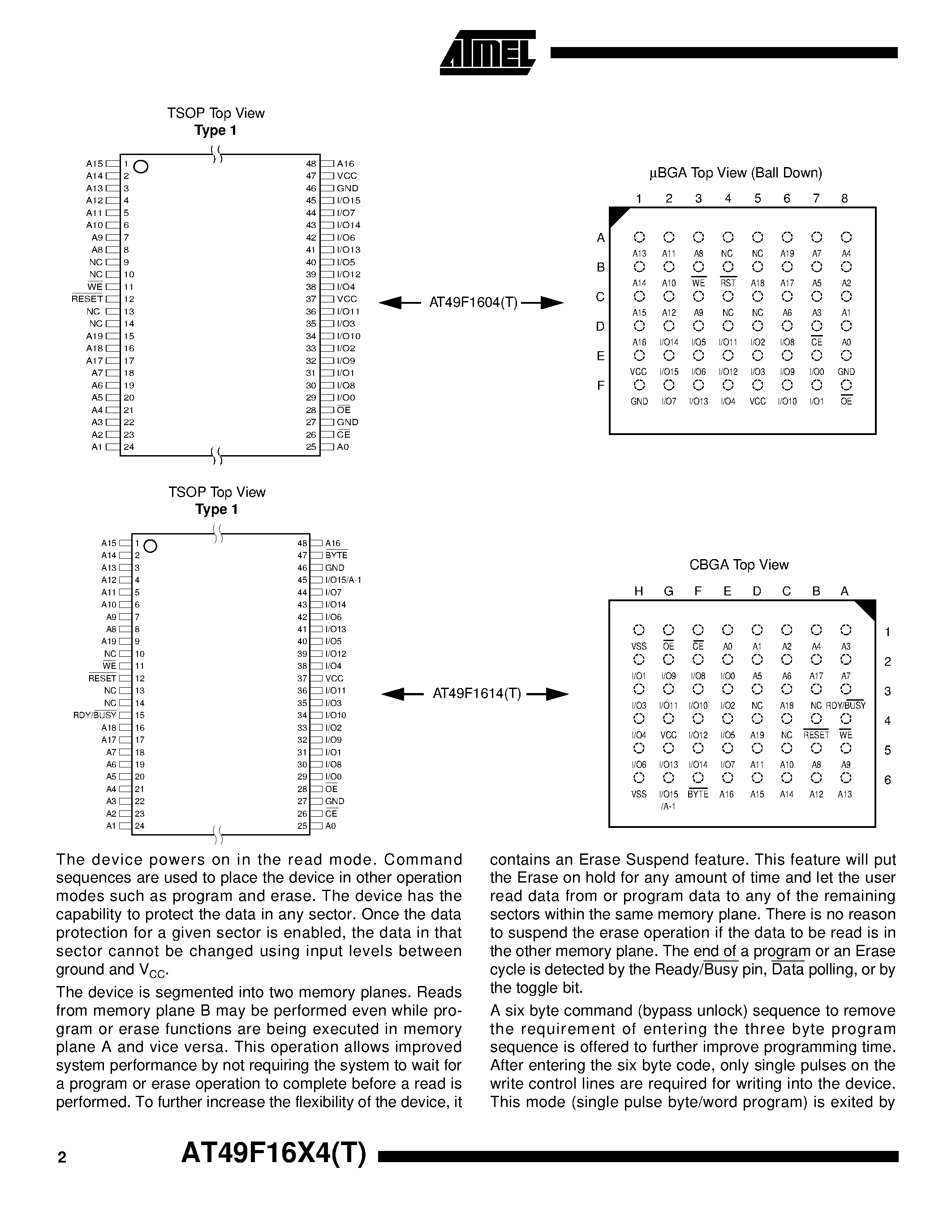 Datasheet AT49F1604T - 16-Megabit 1M x 16/2M x 8 5-volt Only Flash Memory page 2