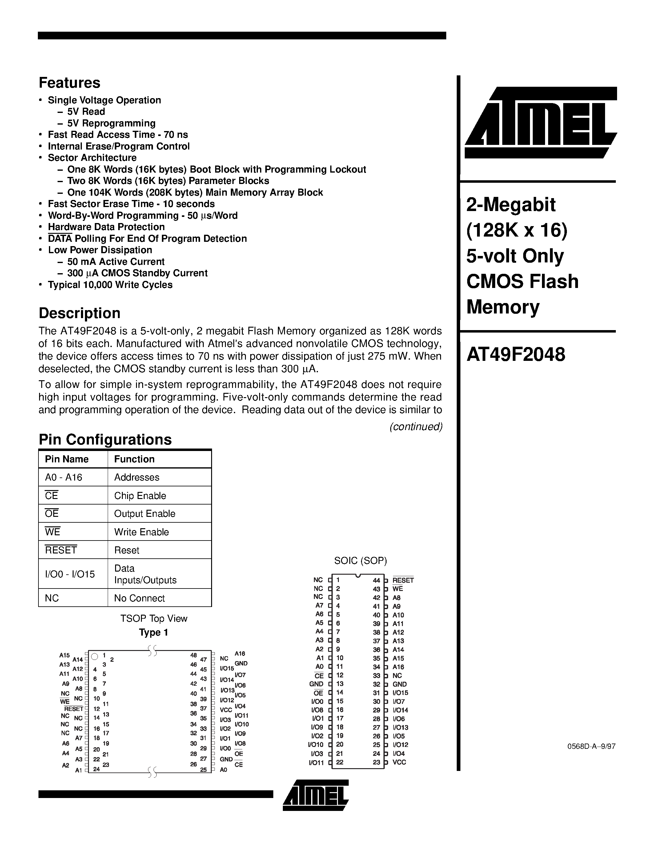 Datasheet AT49F2048 - 2-Megabit 128K x 16 5-volt Only CMOS Flash Memory page 1
