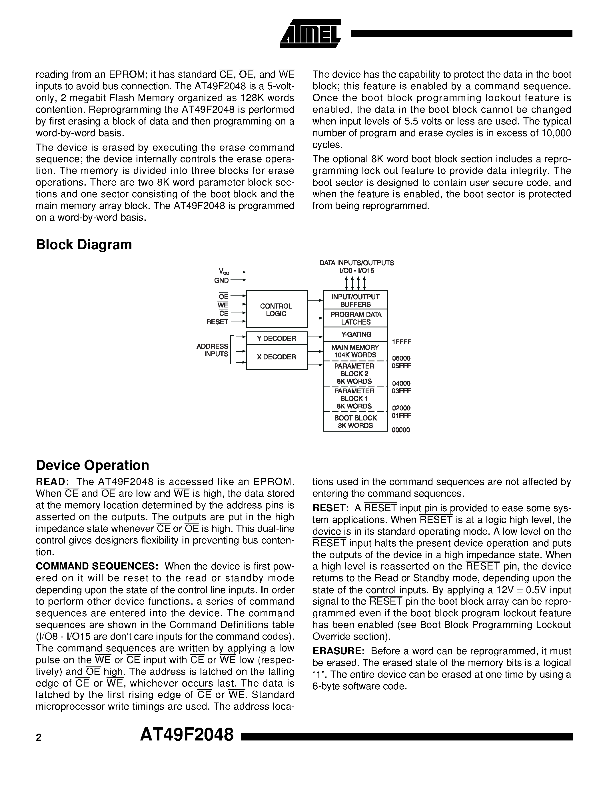 Datasheet AT49F2048-12RI - 2-Megabit 128K x 16 5-volt Only CMOS Flash Memory page 2