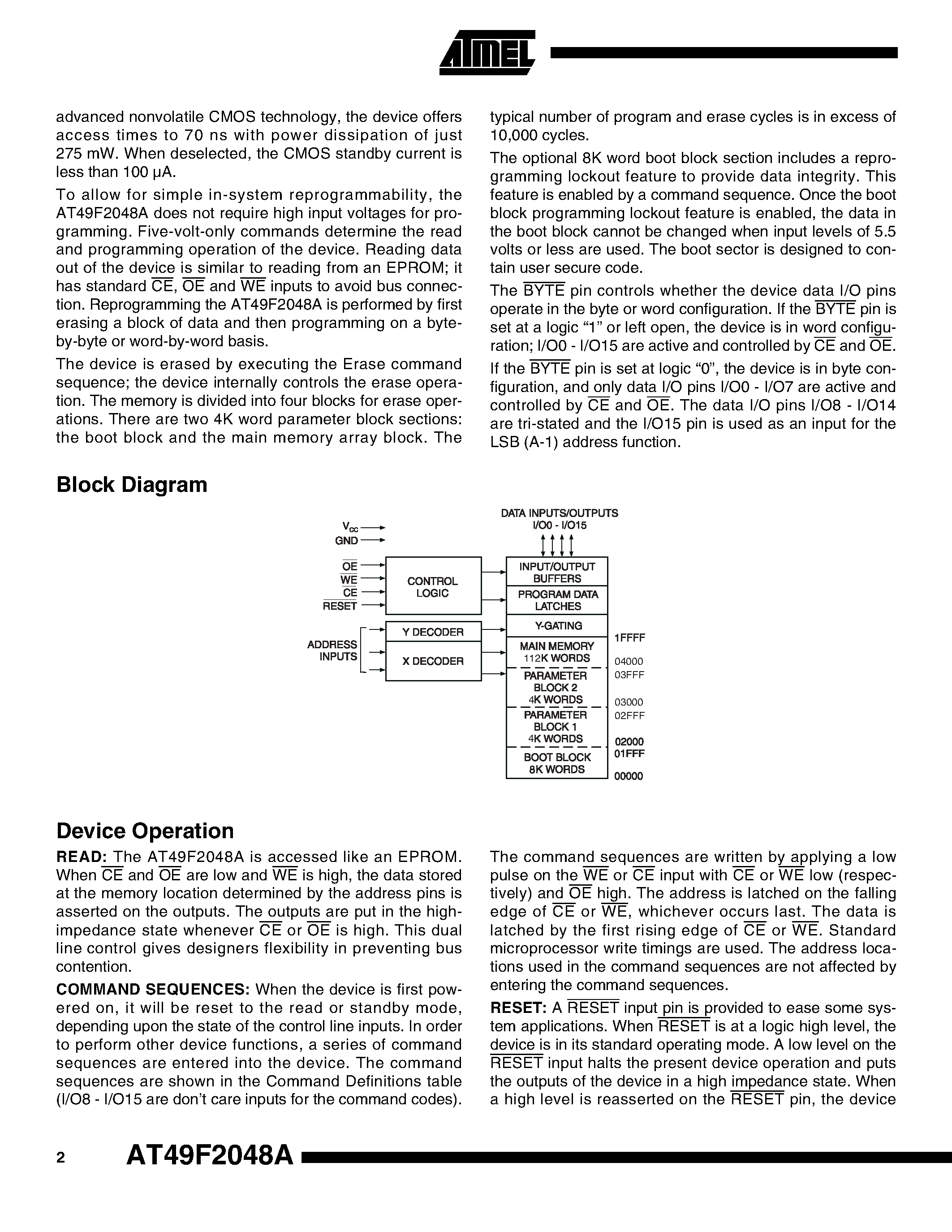 Datasheet AT49F2048A - 2-megabit 256K x 8/ 128K x 16 5-volt Only CMOS Flash Memory page 2