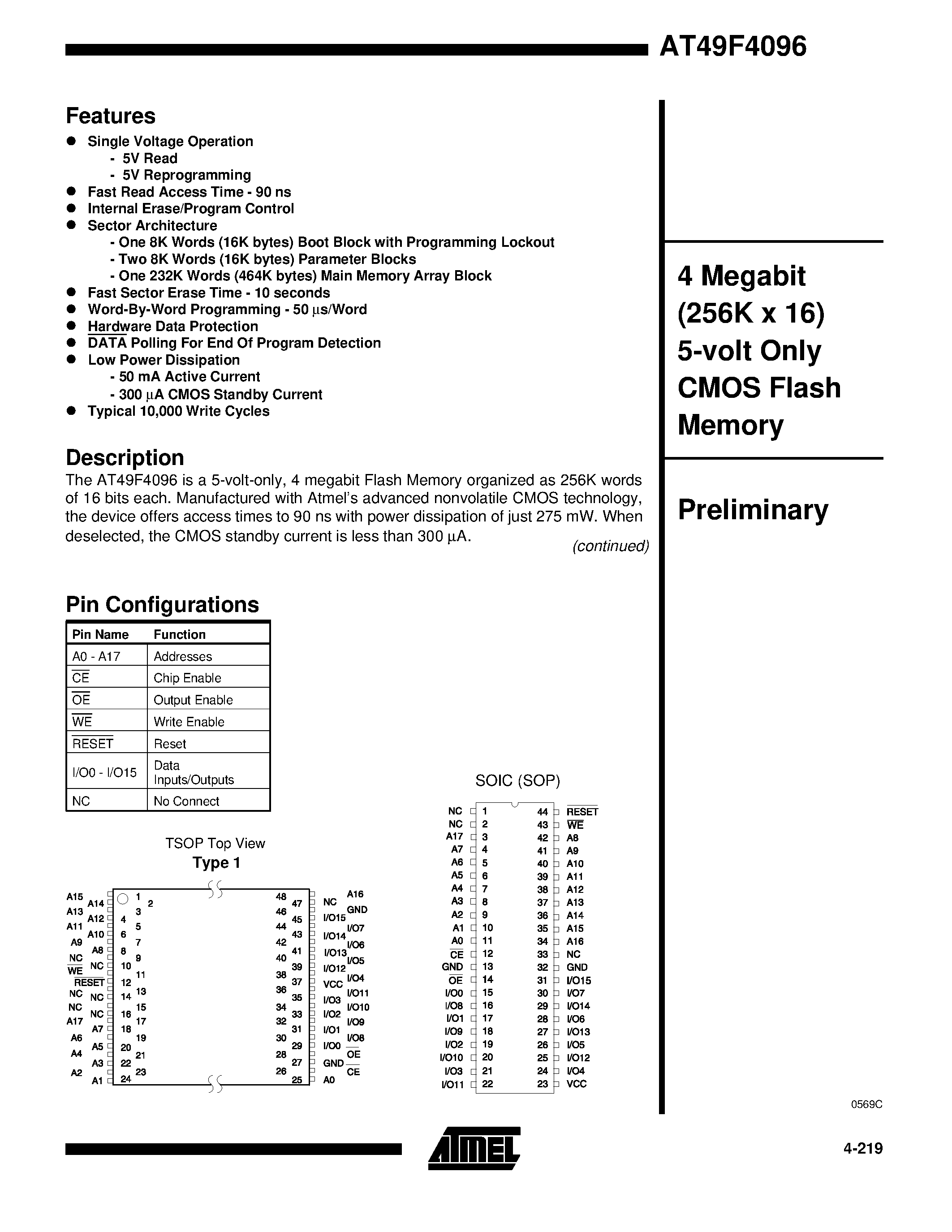 Datasheet AT49F4096-90RI - 4 Megabit 256K x 16 5-volt Only CMOS Flash Memory page 1