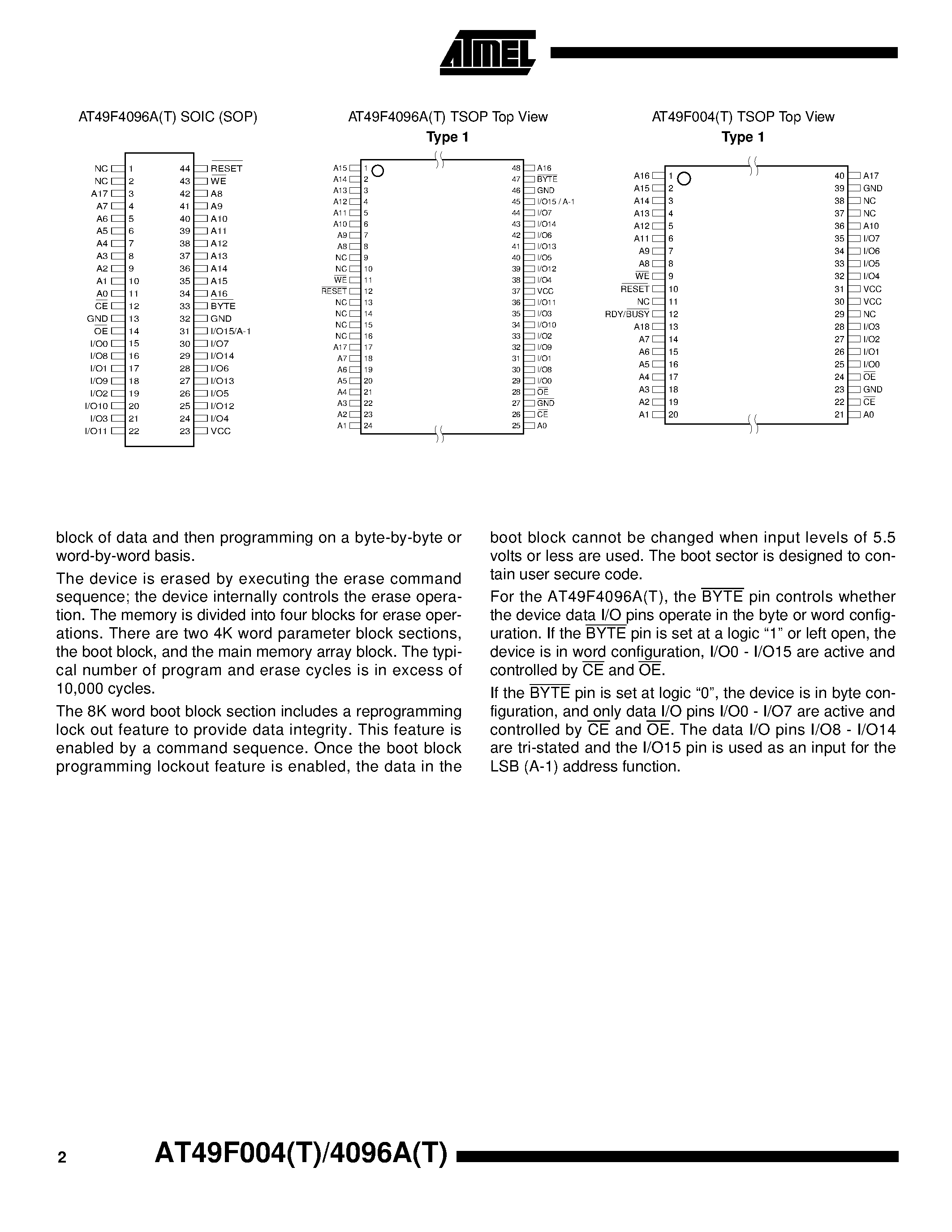 Datasheet AT49F4096A-70RC - 4-Megabit 512K x 8/ 256K x 16 CMOS Flash Memory page 2