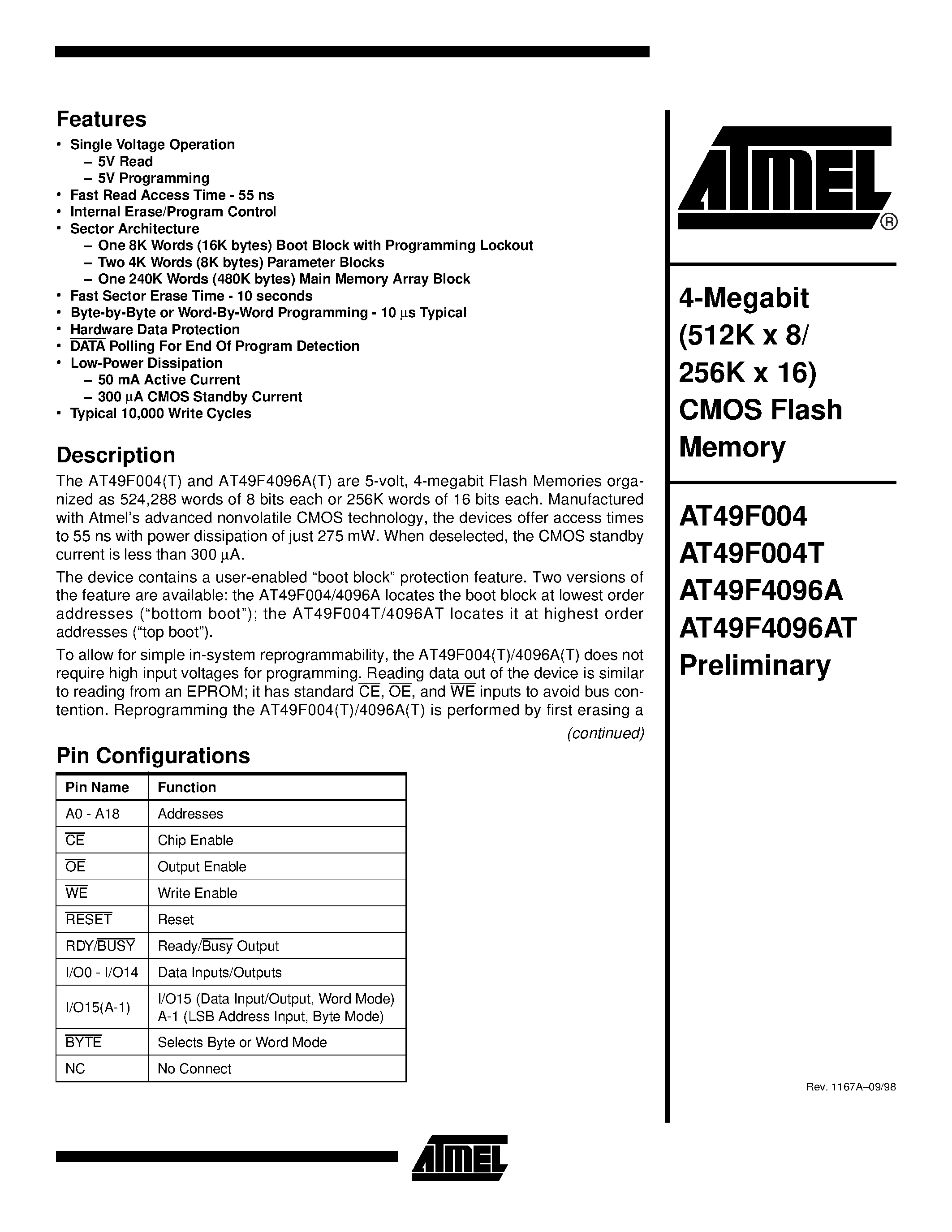Даташит AT49F4096AT-55RC - 4-Megabit 512K x 8/ 256K x 16 CMOS Flash Memory страница 1