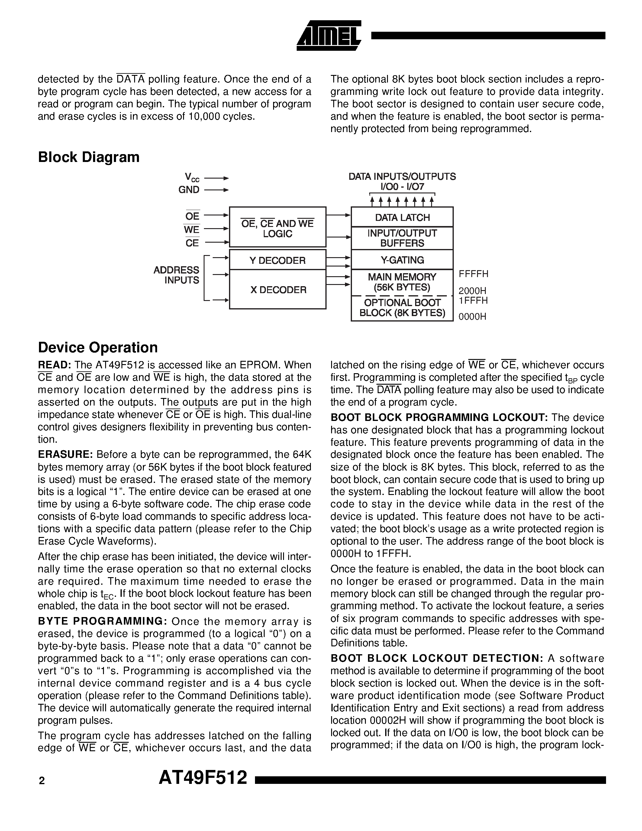 Datasheet AT49F512-70TI - 512K 64K x 8 5-volt Only Flash Memory page 2