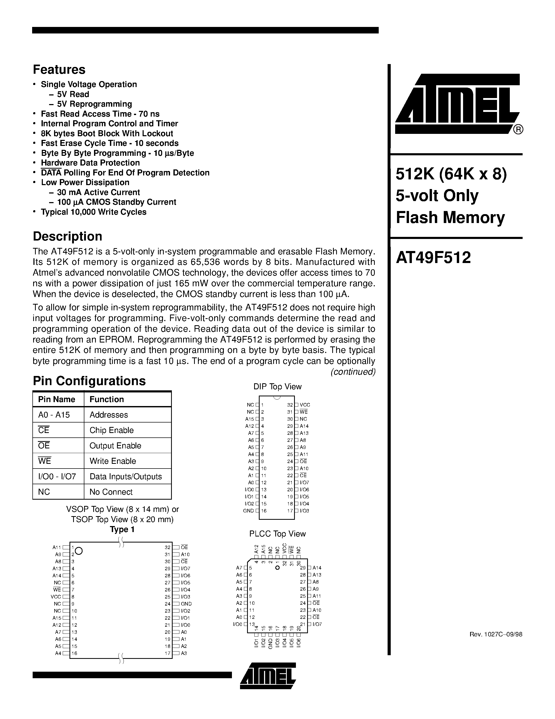Datasheet AT49F512-70VC - 512K 64K x 8 5-volt Only Flash Memory page 1