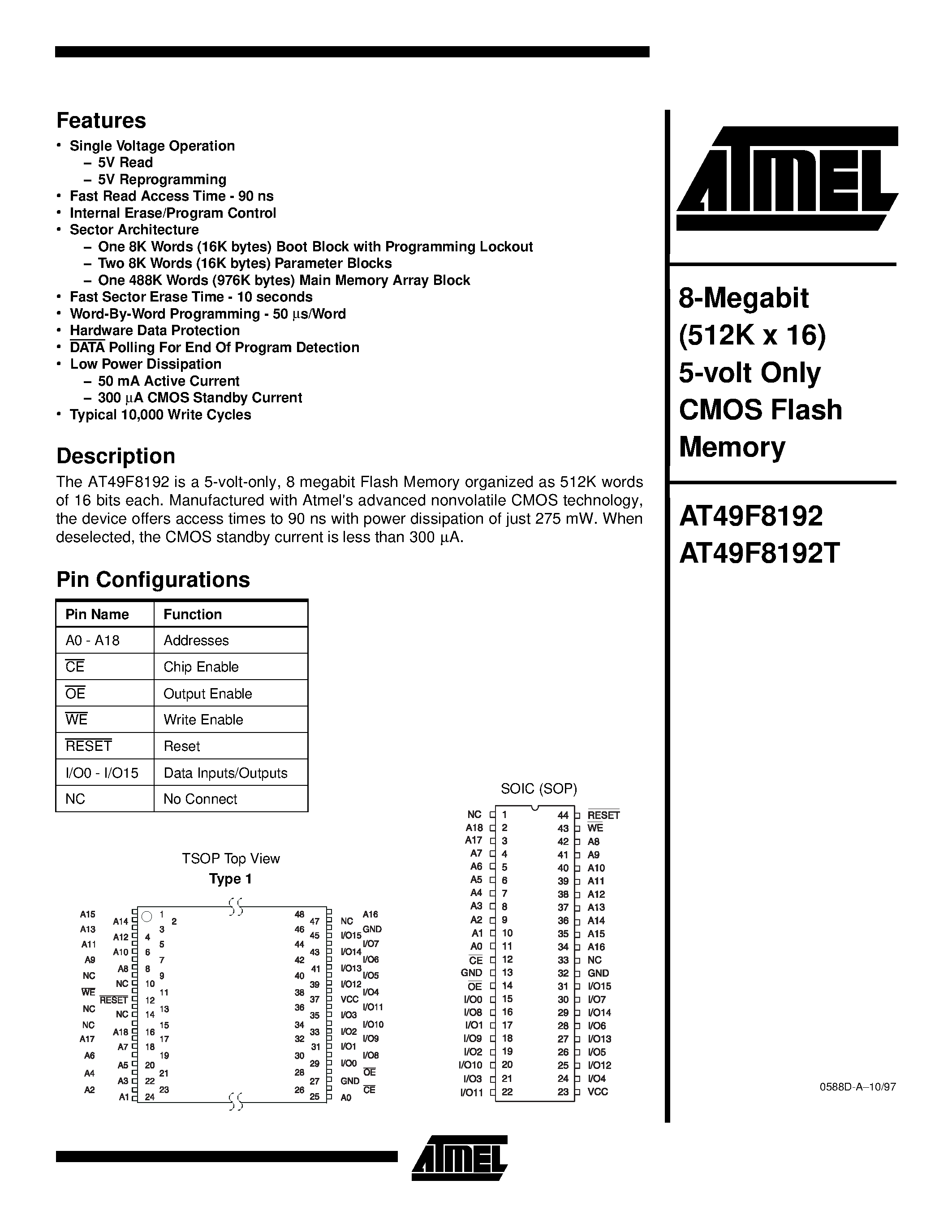 Datasheet AT49F8192T-12RI - 8-Megabit 512K x 16 5-volt Only CMOS Flash Memory page 1
