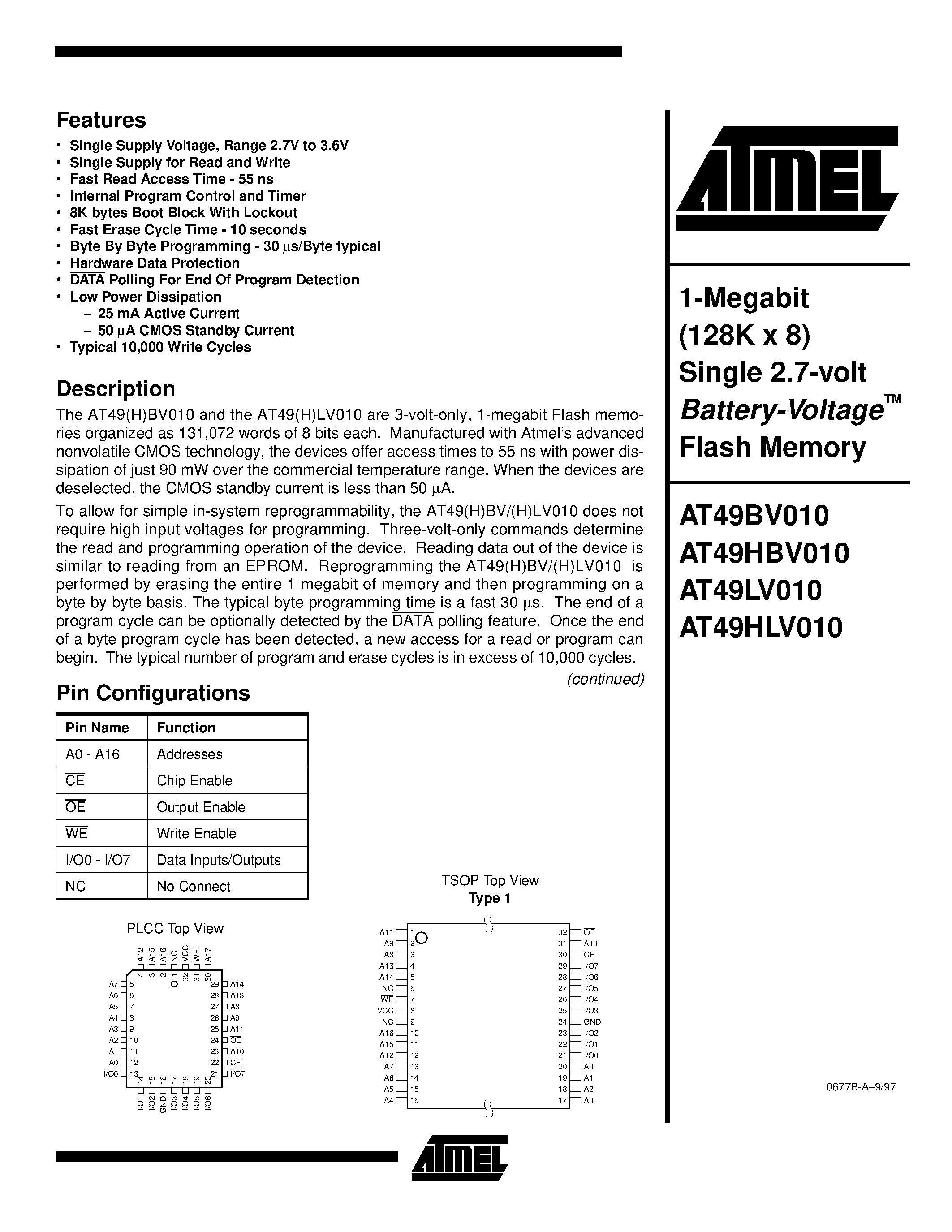 Datasheet AT49HLV010-70TC - 1-Megabit 128K x 8 Single 2.7-volt Battery-Voltage Flash Memory page 1