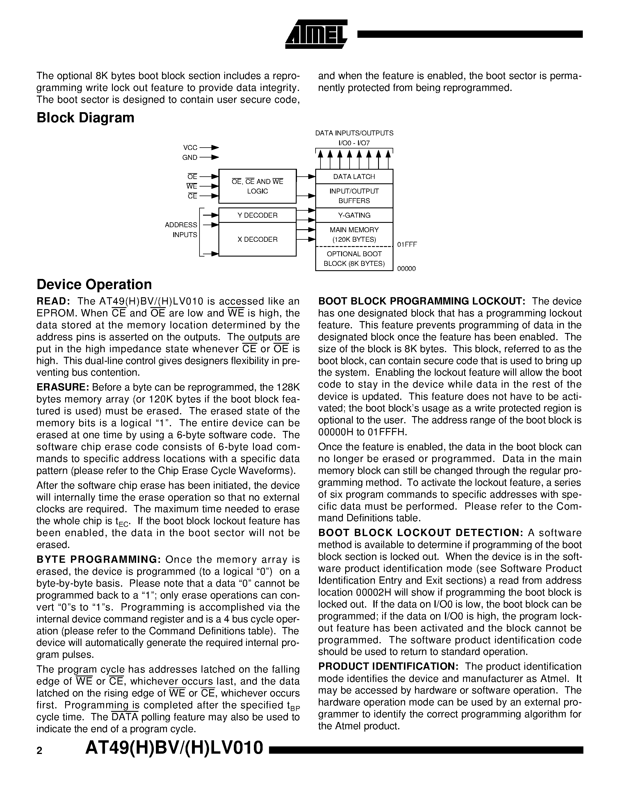 Datasheet AT49HLV010-90JI page 2 Datasheet AT49HLV010-90JI - 1-Megabit 128K x 8 Single 2.7-volt Battery-Voltage Flash Memory page 2