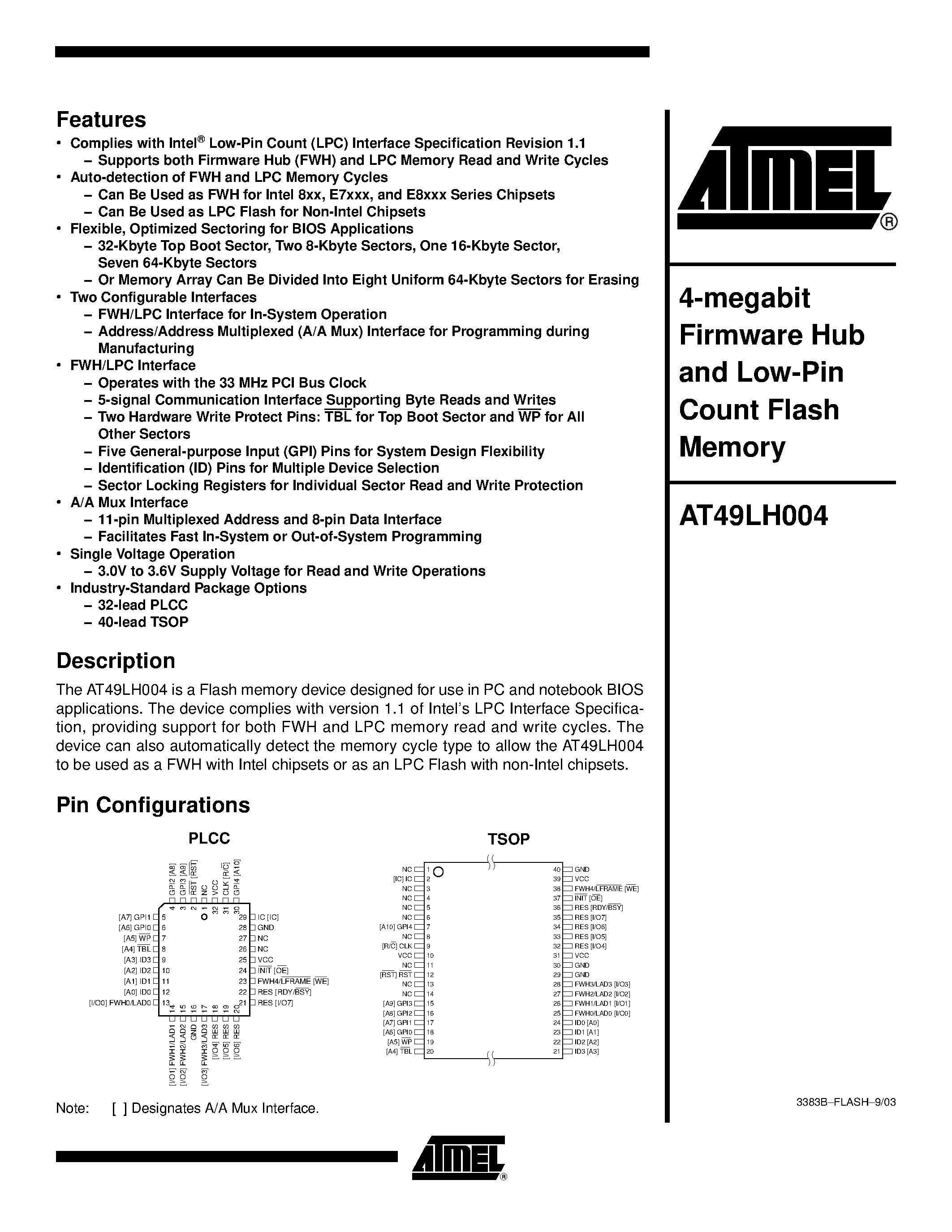 Datasheet AT49LH004-33TC - 4-megabit Firmware Hub and Low-Pin Count Flash Memory page 1