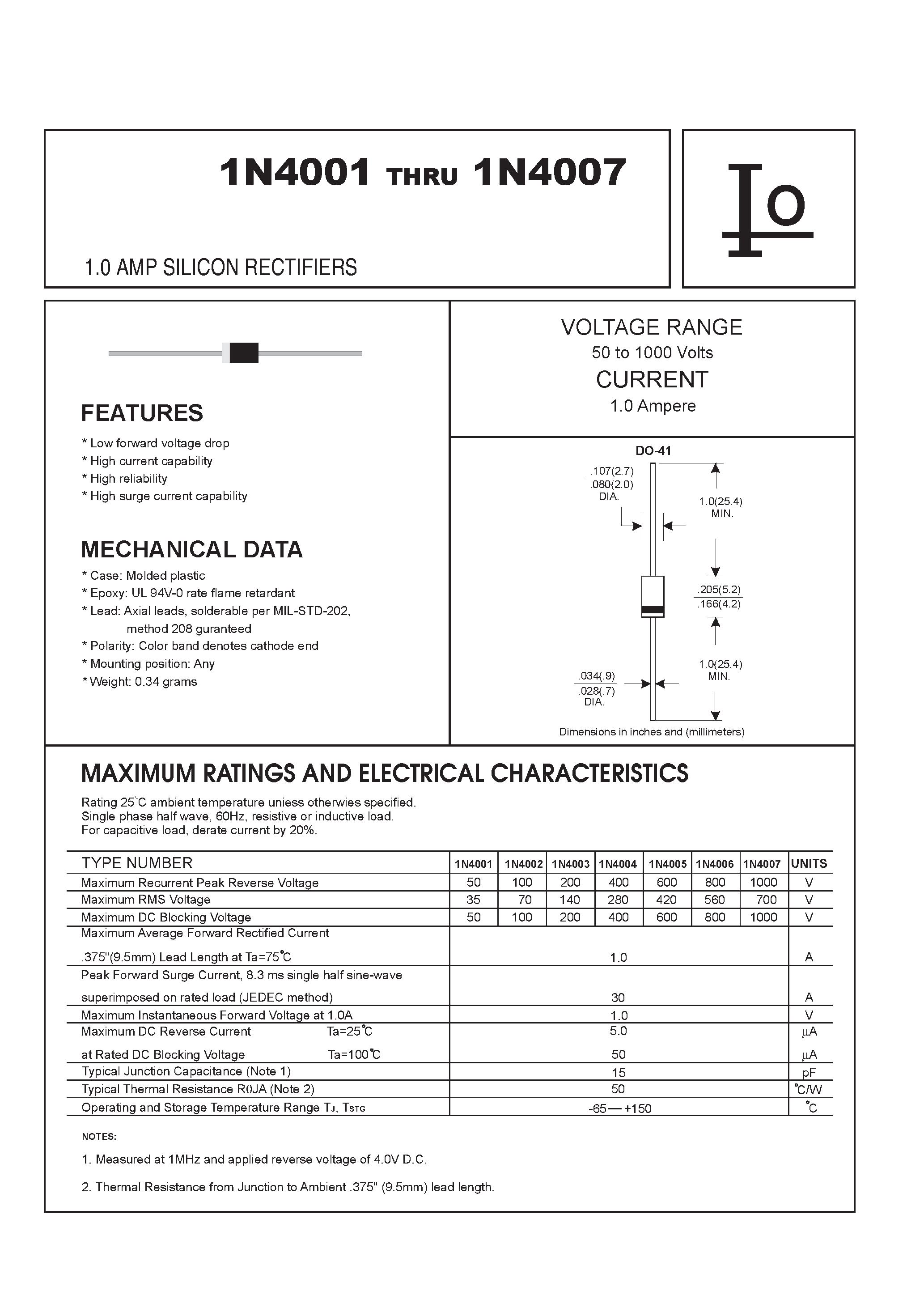 Datasheet 1N4005 page 1 Datasheet 1N4005 - 1.0 AMP SILICON RECTIFIERS page 1