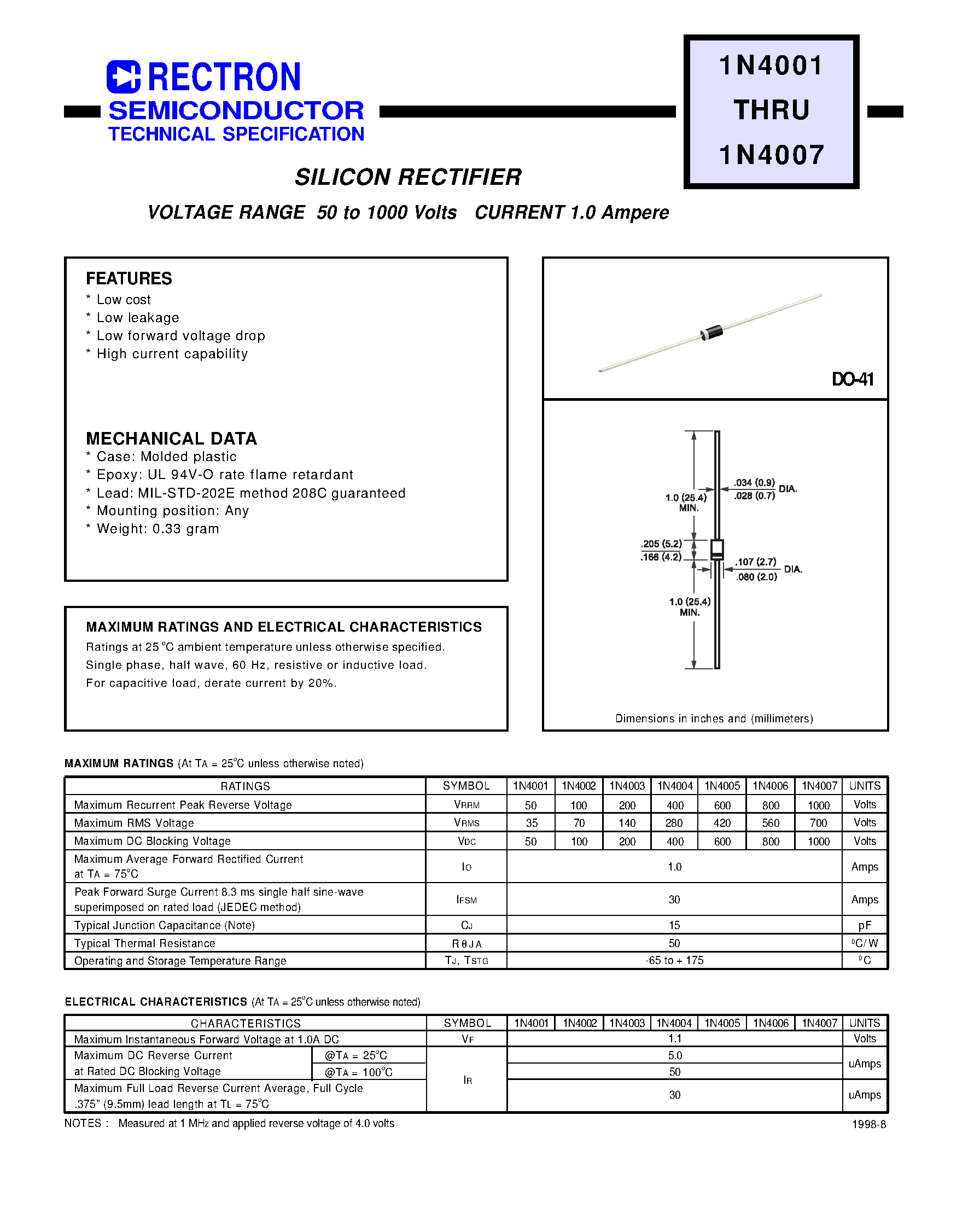 Datasheet 1N4005 - SILICON RECTIFIER page 1