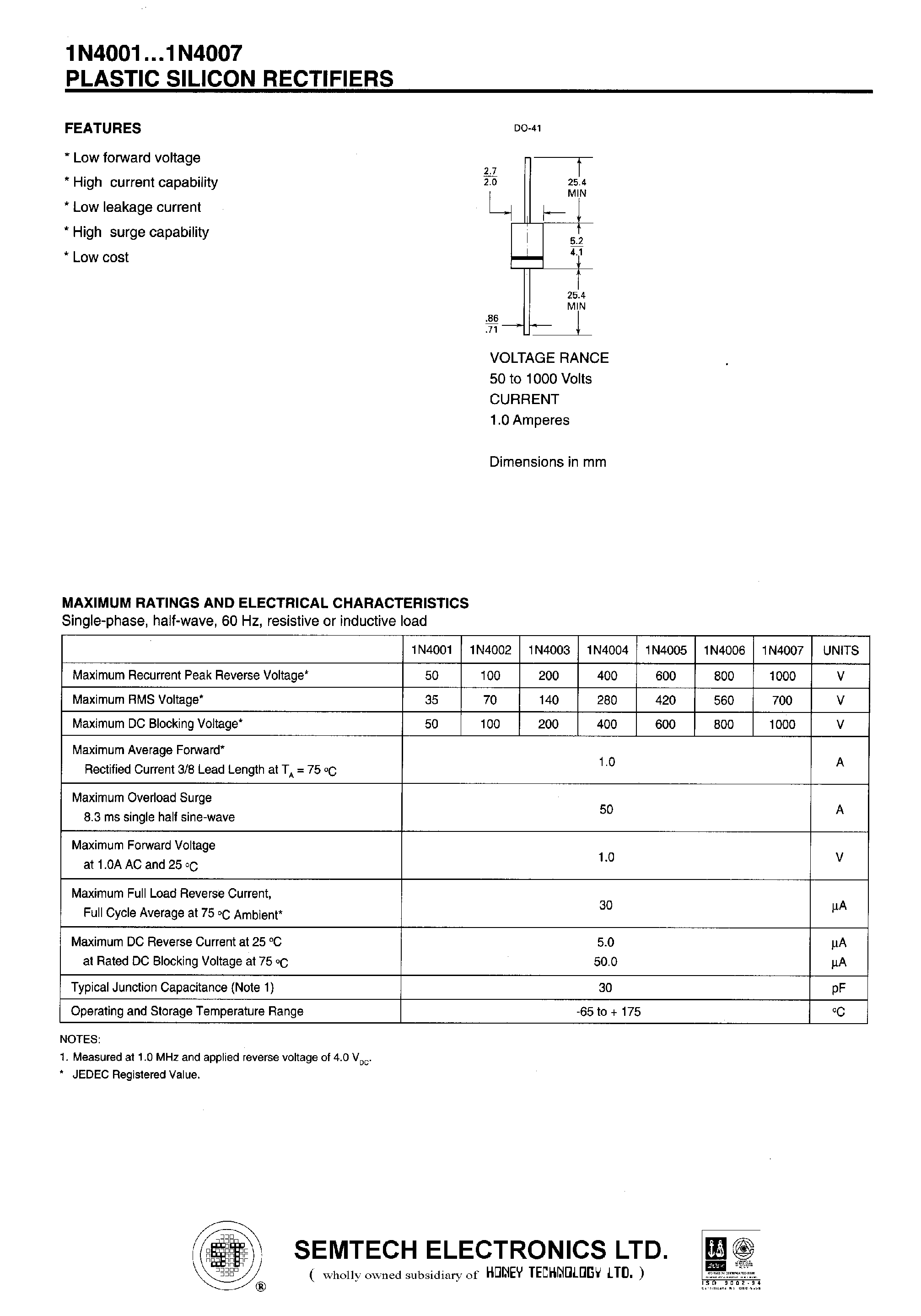 Datasheet 1N4005 page 1 Datasheet 1N4005 - PLASTIC SILICON RECTIFIERS page 1