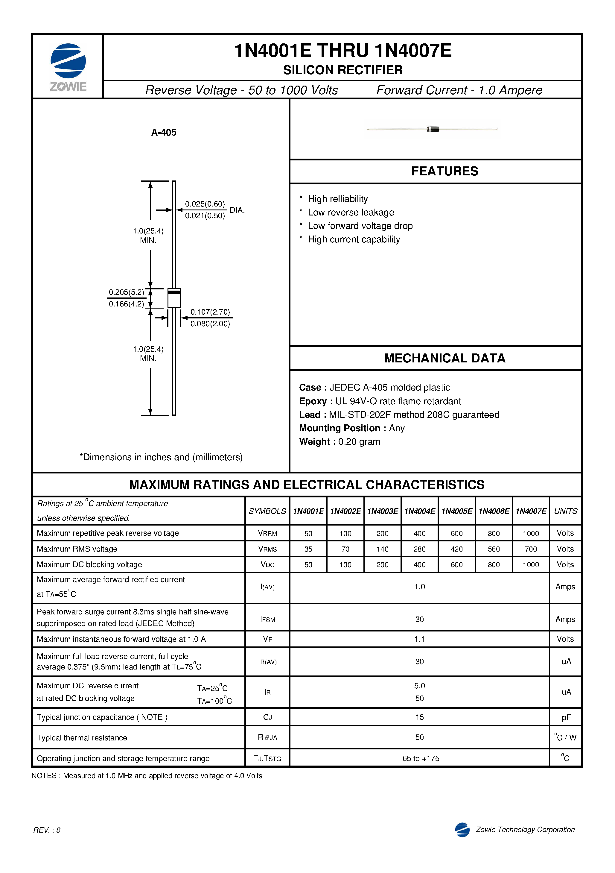Datasheet 1N4005E - SILICON RECTIFIER page 1