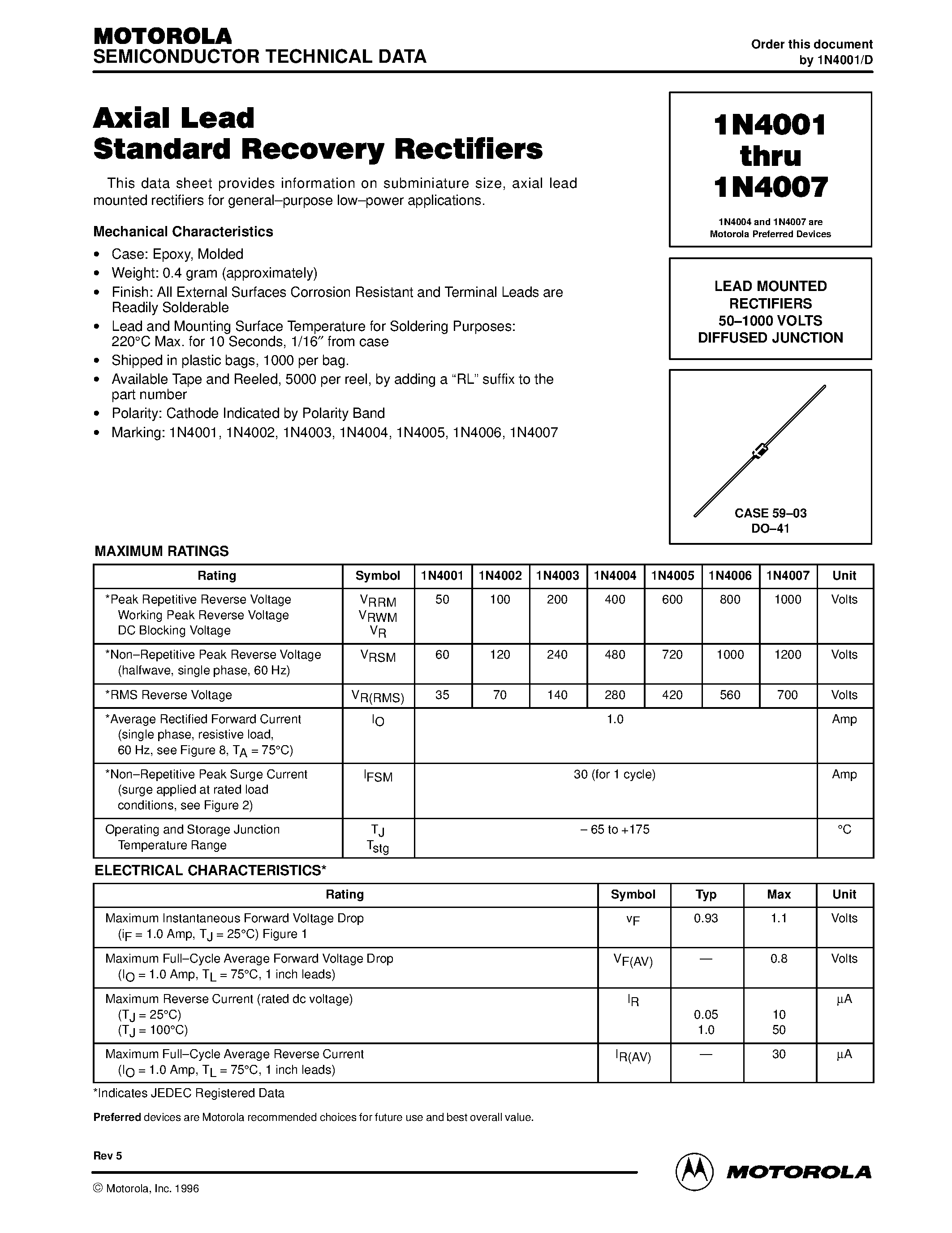 Datasheet 1N4006 - Axial Lead Standard Recovery Rectifiers page 1