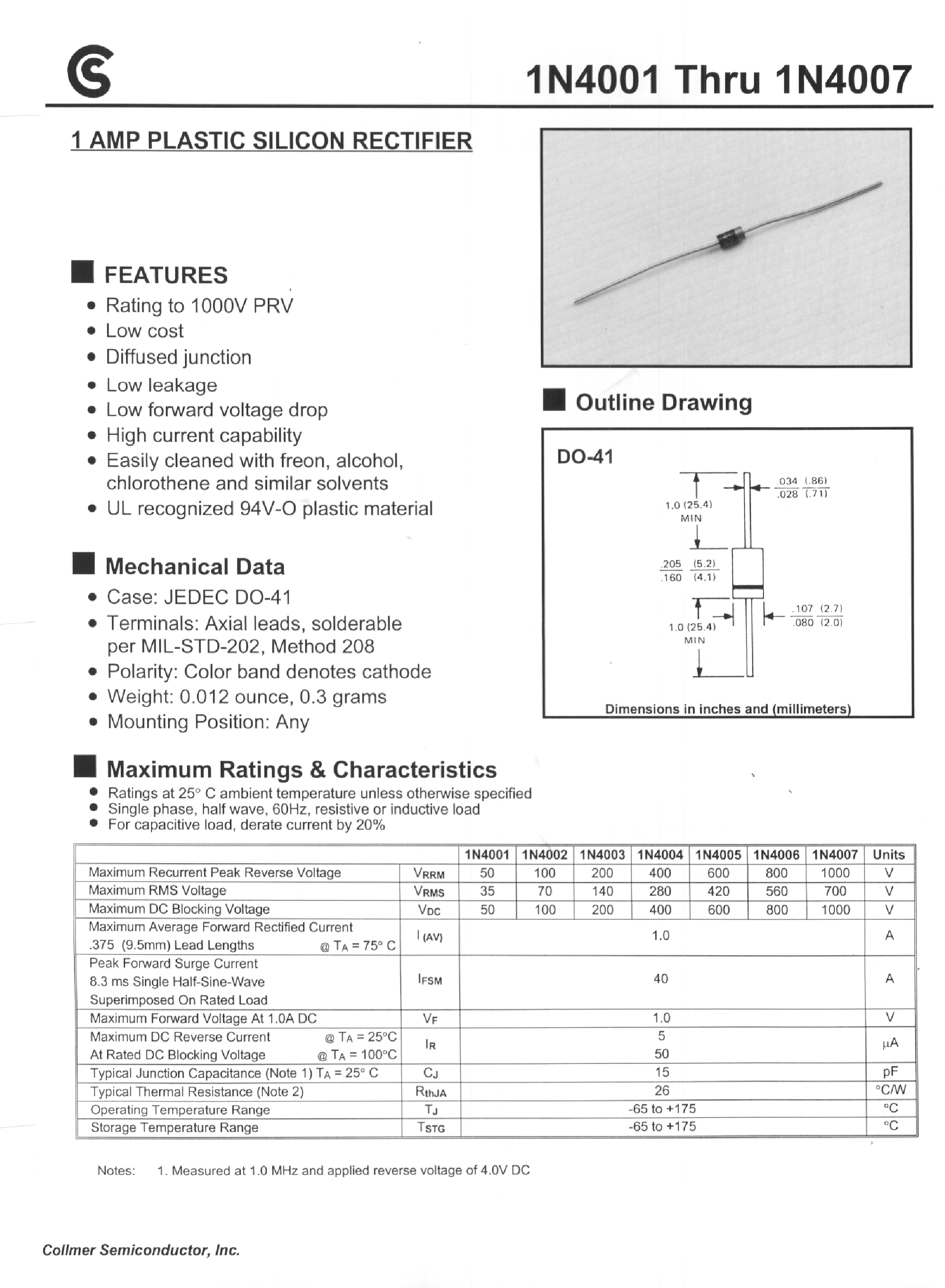 Datasheet 1N4006 - 1 AMP PLASTIC SILICON RECTIFIER page 1