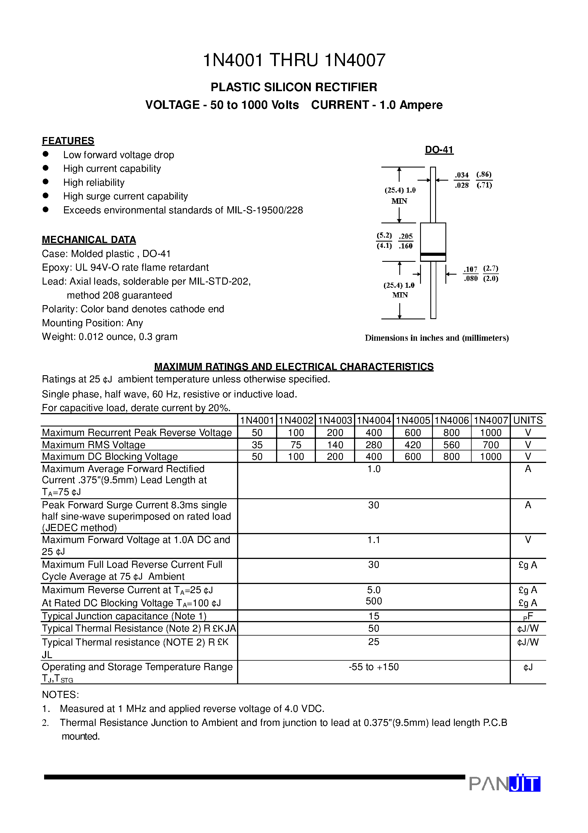 Datasheet 1N4006 - PLASTIC SILICON RECTIFIER(VOLTAGE - 50 to 1000 Volts CURRENT - 1.0 Ampere) page 1