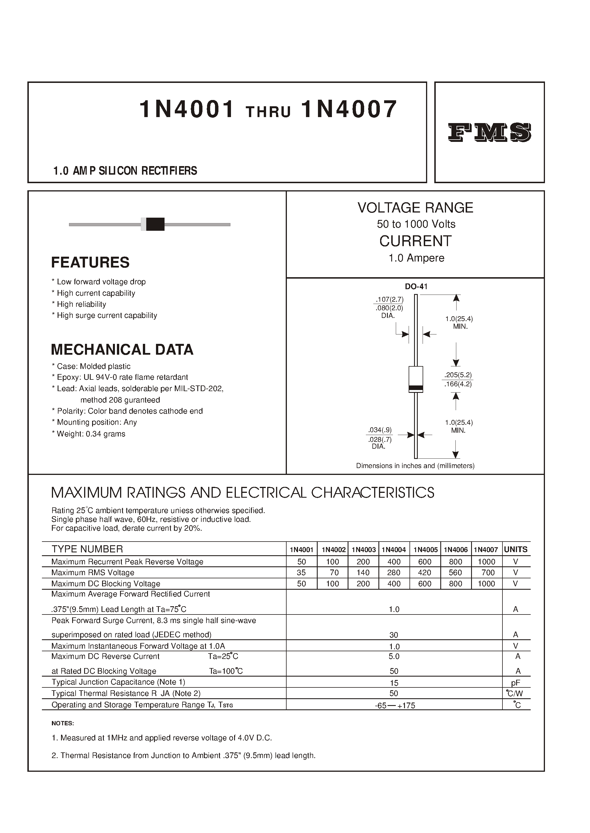 Datasheet 1N4006 page 1 Datasheet 1N4006 - 1.0 AMP SILICON RECTIFIERS page 1