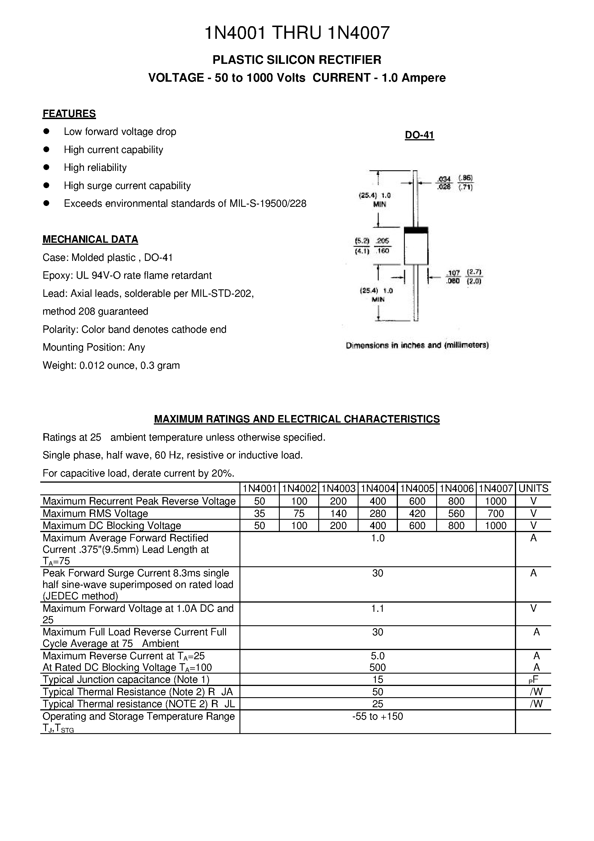 Datasheet 1N4006 - PLASTIC SILICON RECTIFIER page 1