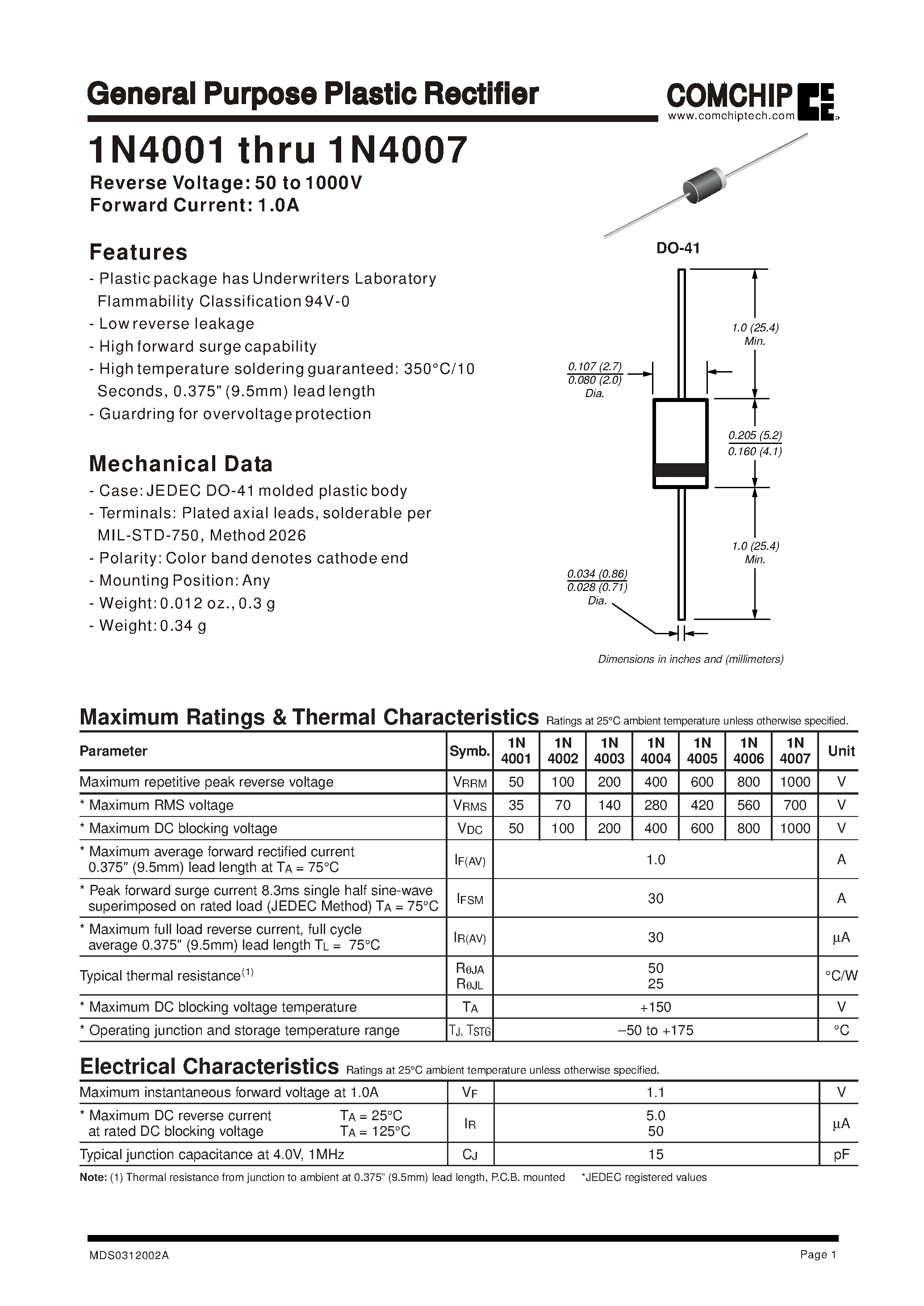 Datasheet 1N4006 page 1 Datasheet 1N4006 - General Purpose Plastic Rectifier page 1