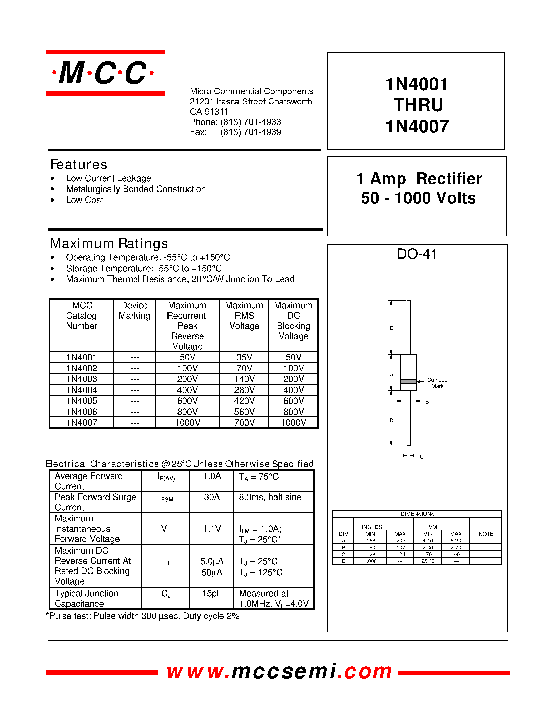 Datasheet 1N4007 - 1 Amp Rectifier 50 - 1000 Volts page 1