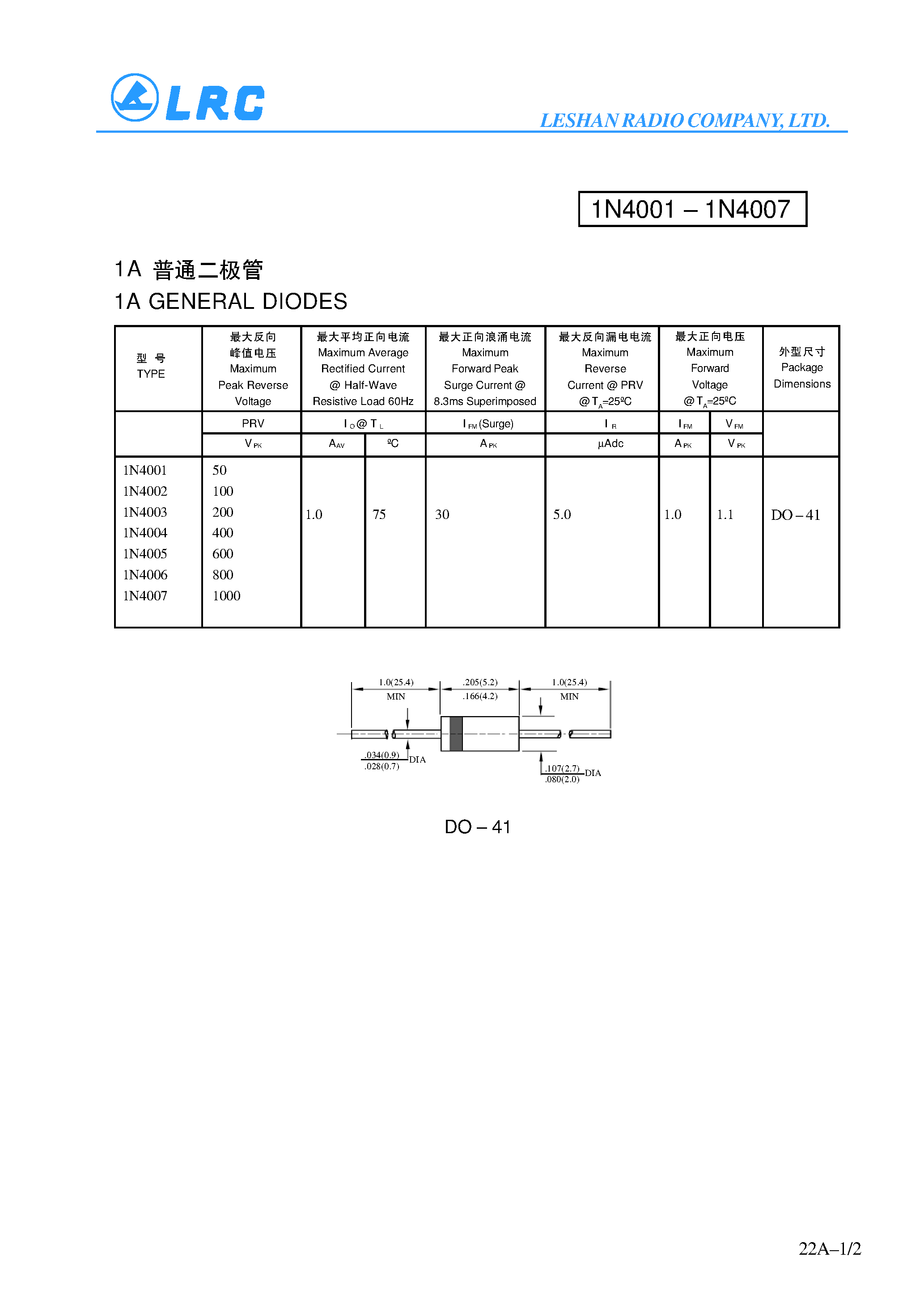 Datasheet 1N4007 - 1A GENERAL DIODES page 1