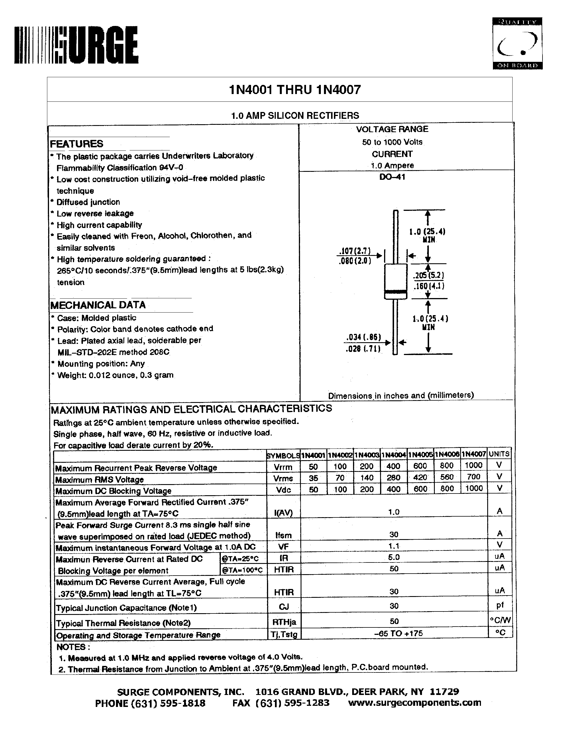 Datasheet 1N4007 - 1.0 AMP SILICON RECTIFIERS page 1