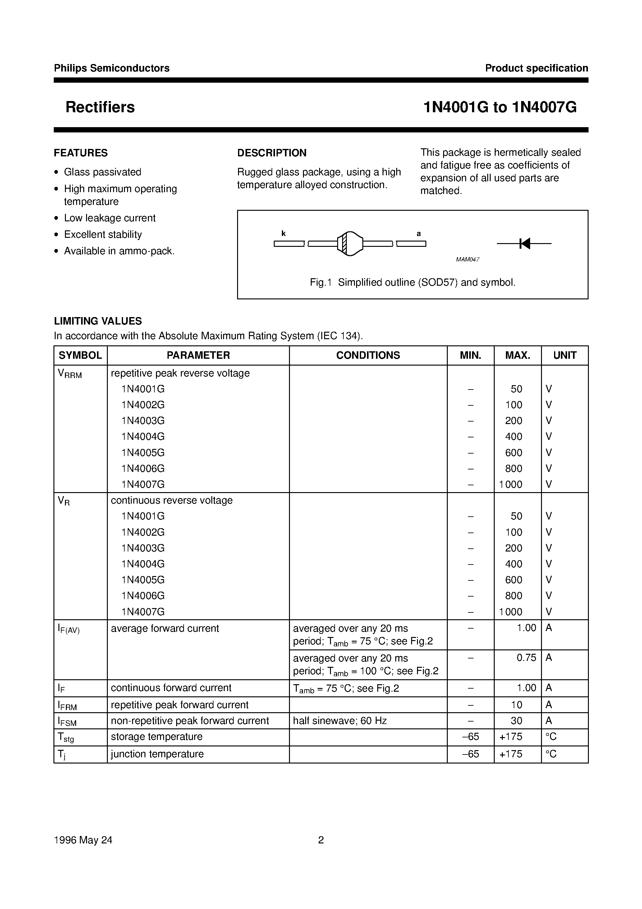 Datasheet 1N4007 - Rectifiers(Rugged glass package/ using a high temperature alloyed construction) page 2