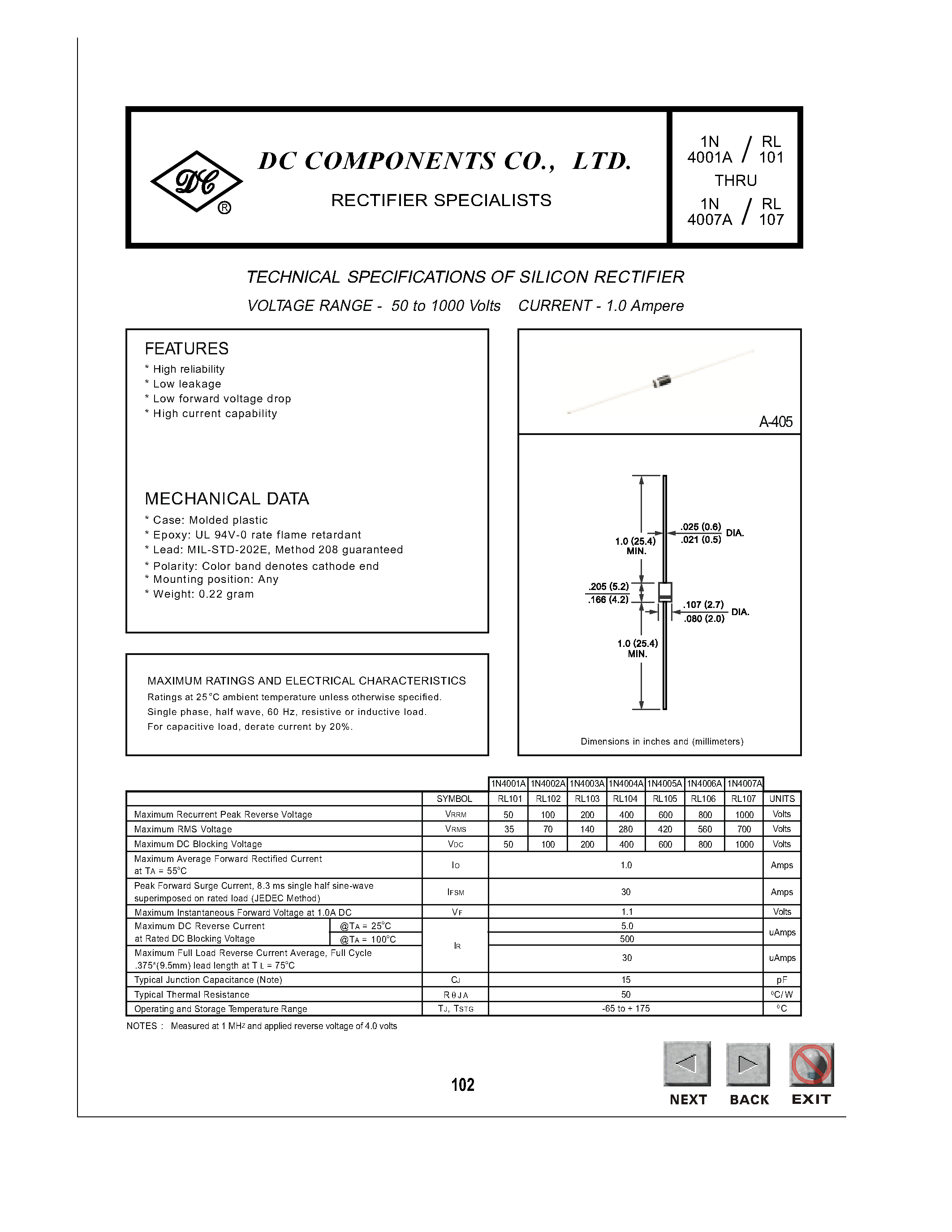 Datasheet 1N4007A page 1 Datasheet 1N4007A - TECHNICAL SPECIFICATIONS OF SILICON RECTIFIER page 1