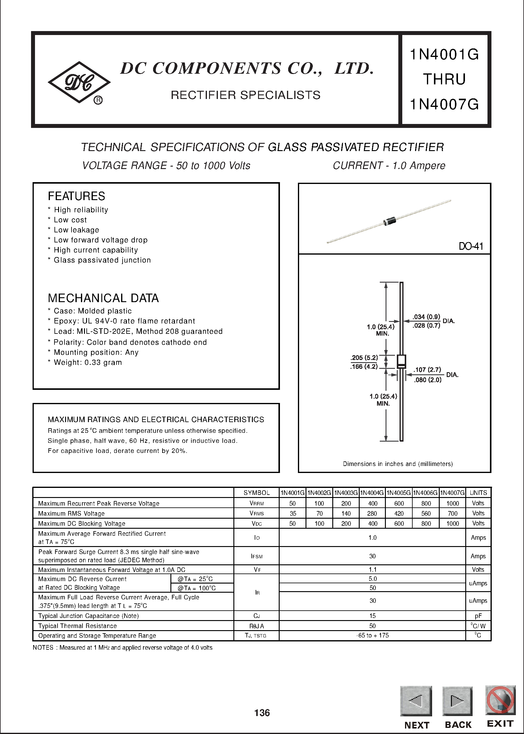 Datasheet 1N4007G - TECHNICAL SPECIFICATIONS OF GLASS PASSIVATED RECTIFIER page 1