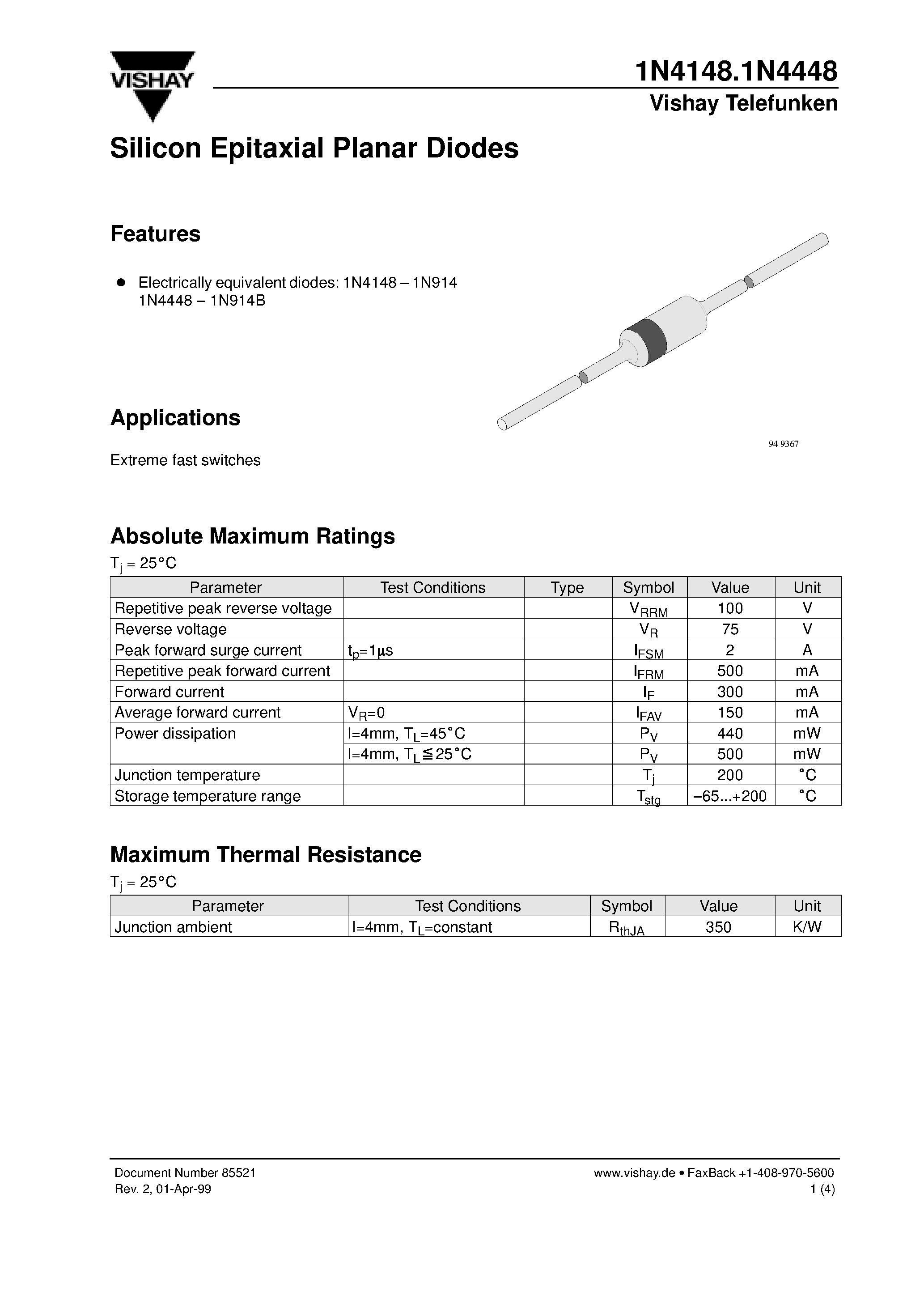 Datasheet 1N4148 - Silicon Epitaxial Planar Diodes page 1