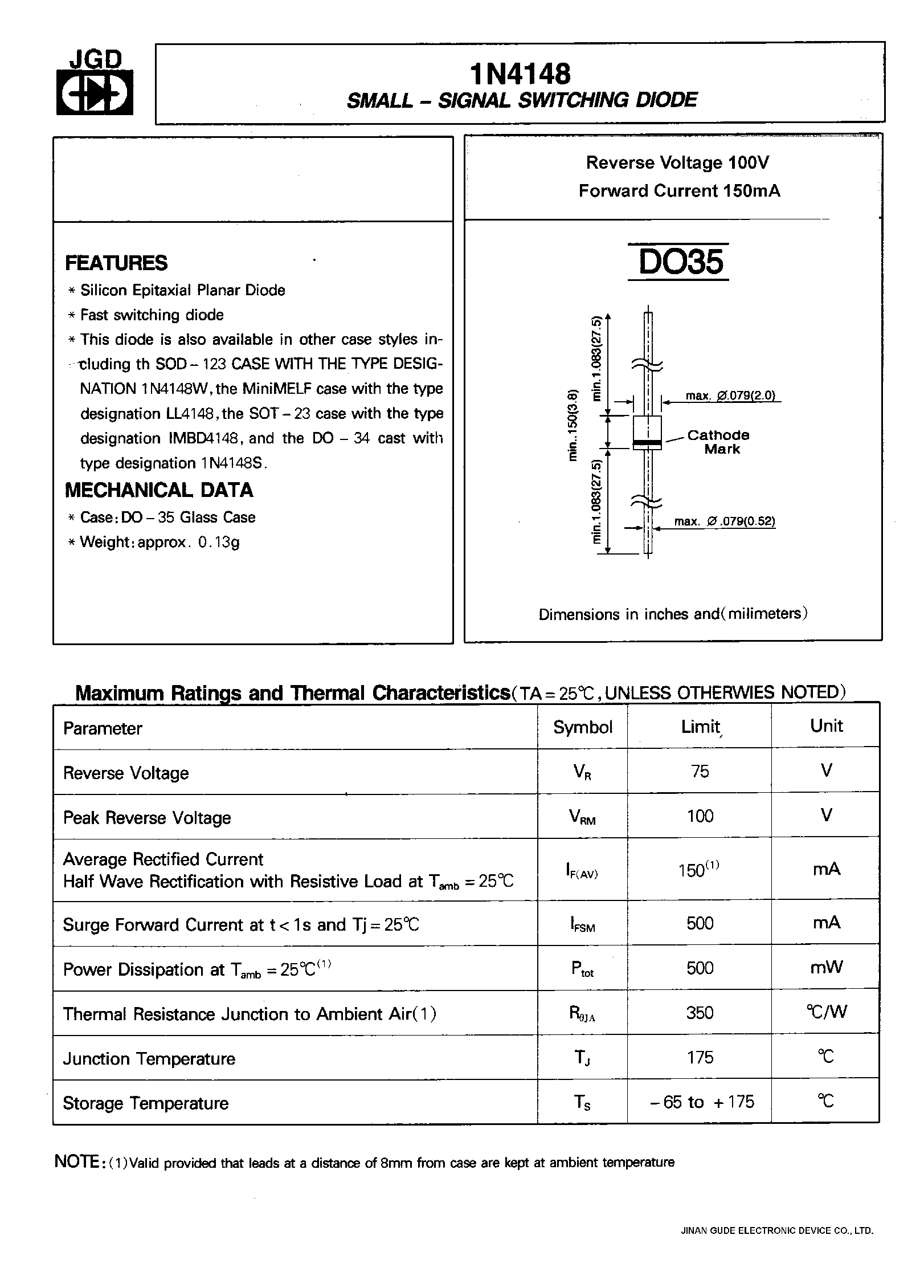 Datasheet 1N4148 - SMALL-SIGNAL SWITCHING DIODE page 1