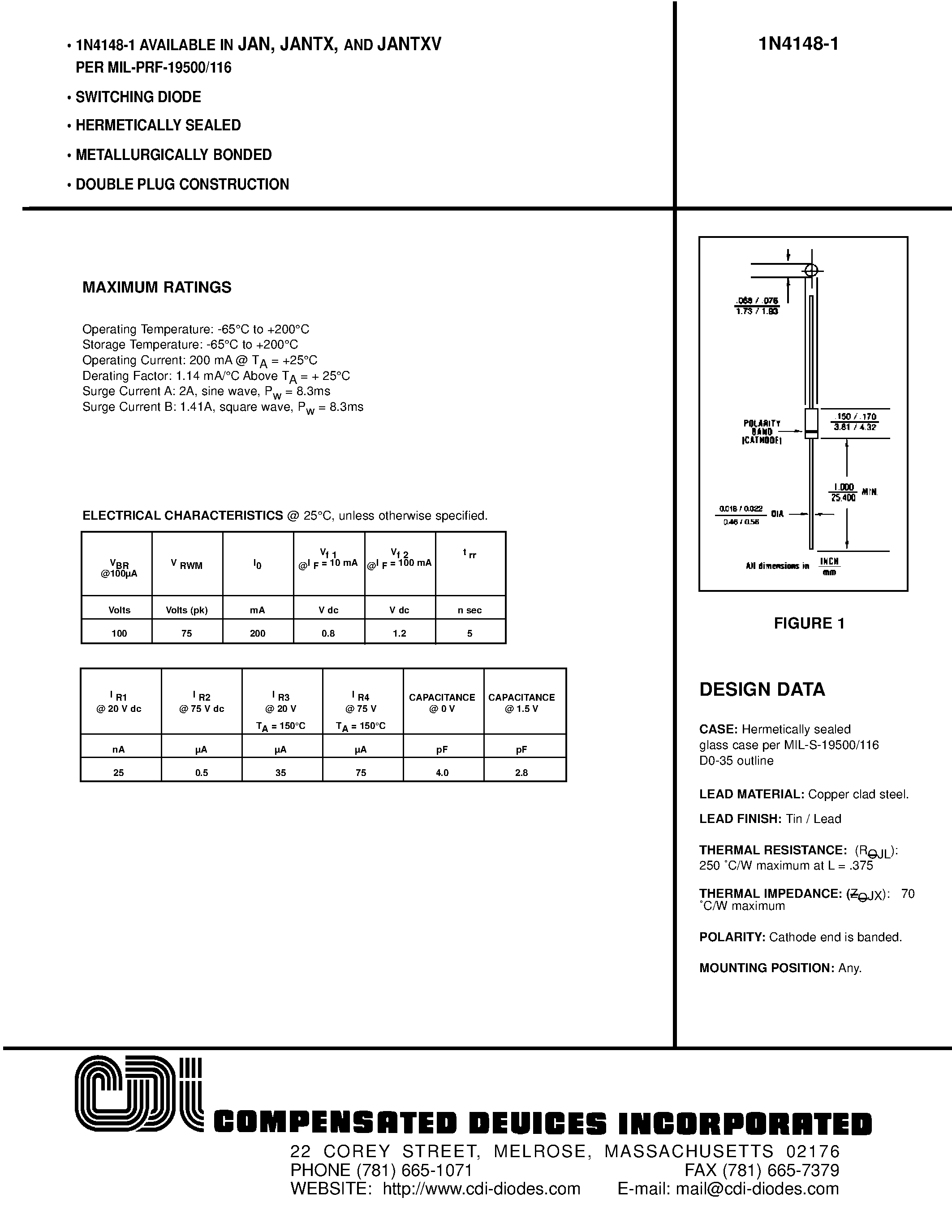Datasheet 1N4148 - SWITCHING DIODE page 1