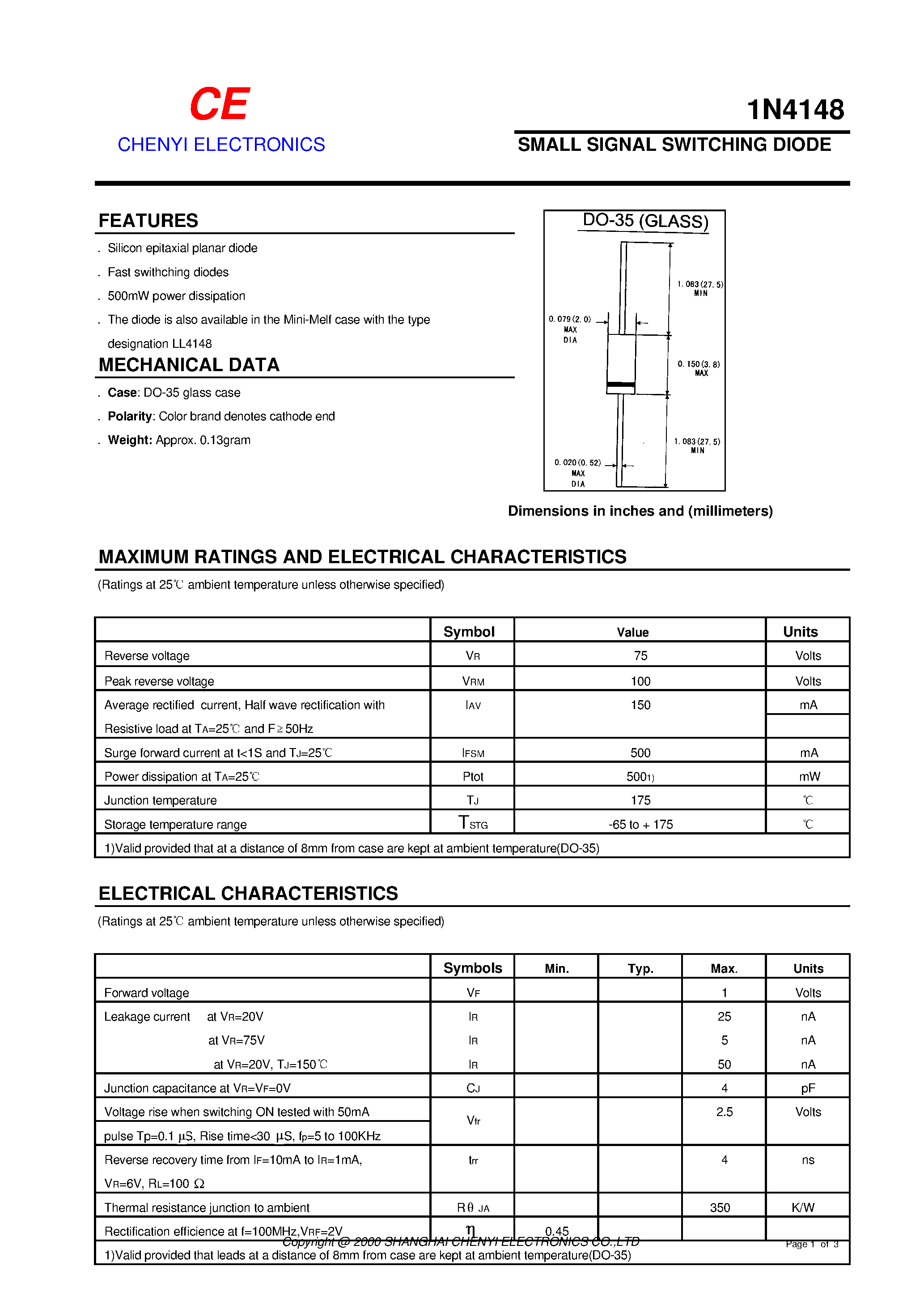 Datasheet 1N4148 - SMALL SIGNAL SWITCHING DIODE page 1