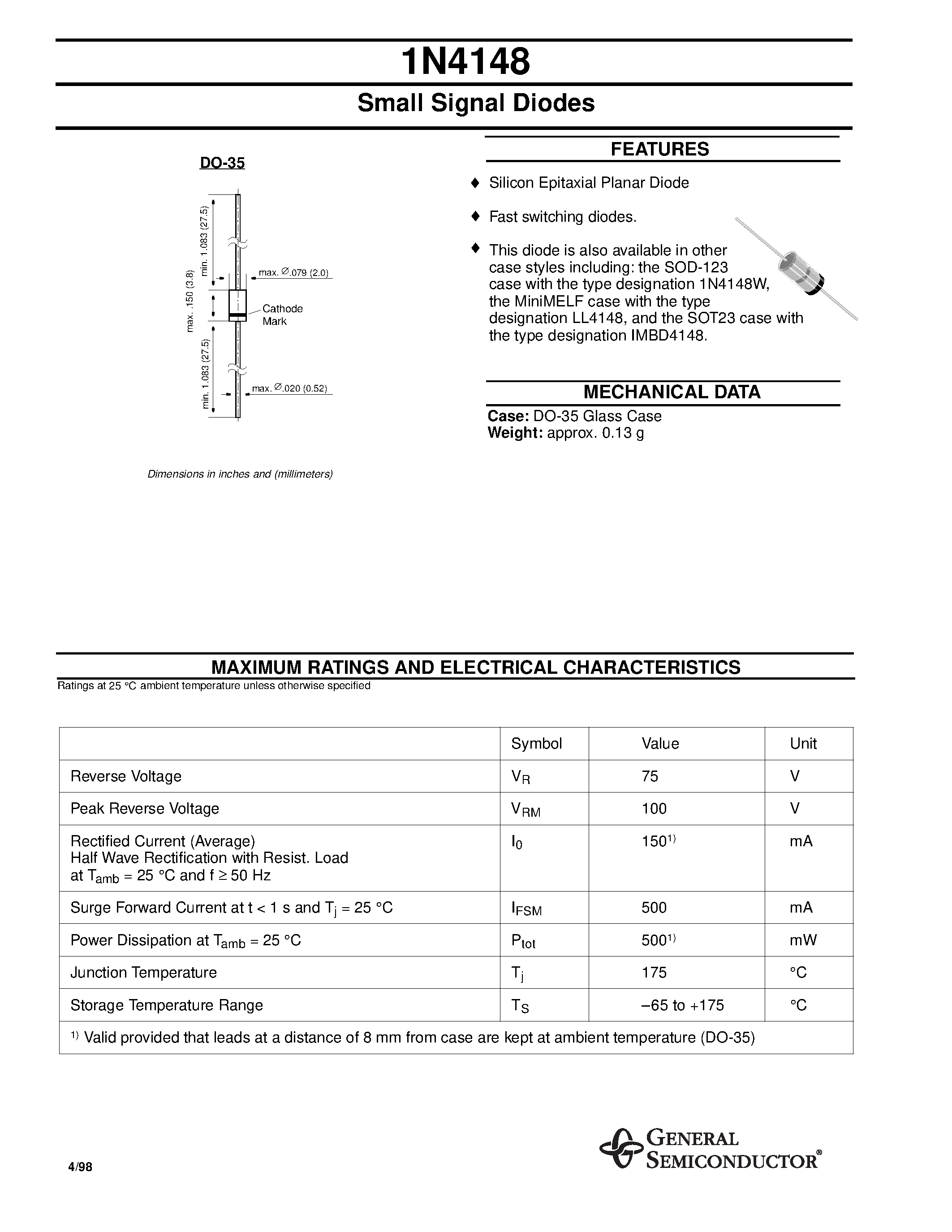 Datasheet 1N4148 - Small Signal Diodes page 1