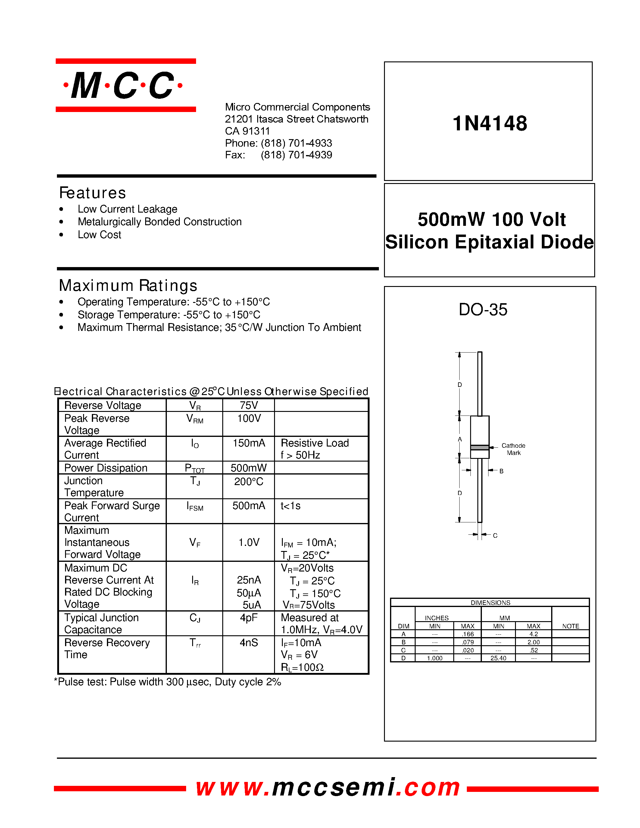 Datasheet 1N4148 - 500mW 100 Volt Silicon Epitaxial Diode page 1