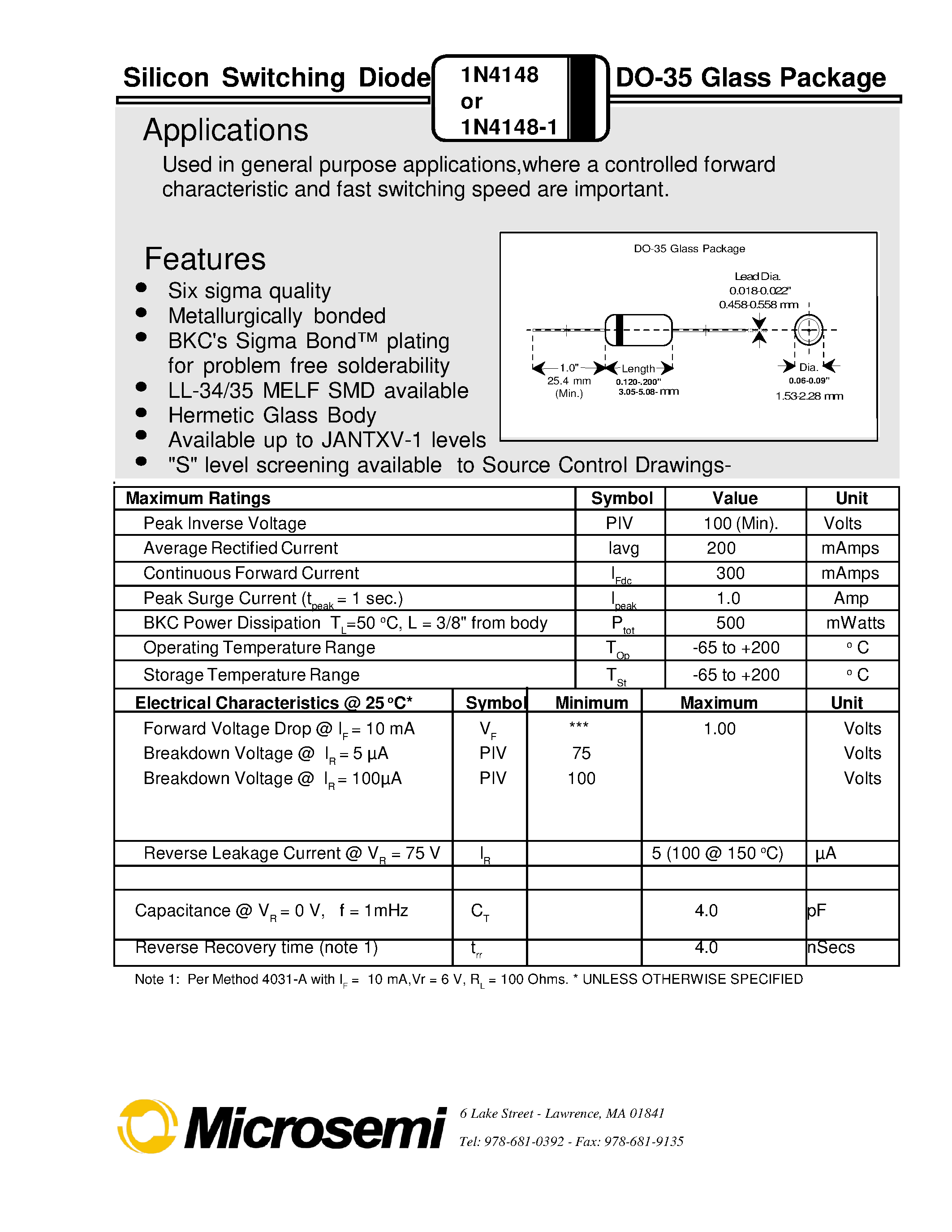 Datasheet 1N4148 - COMPUTER DIODE Switching page 1
