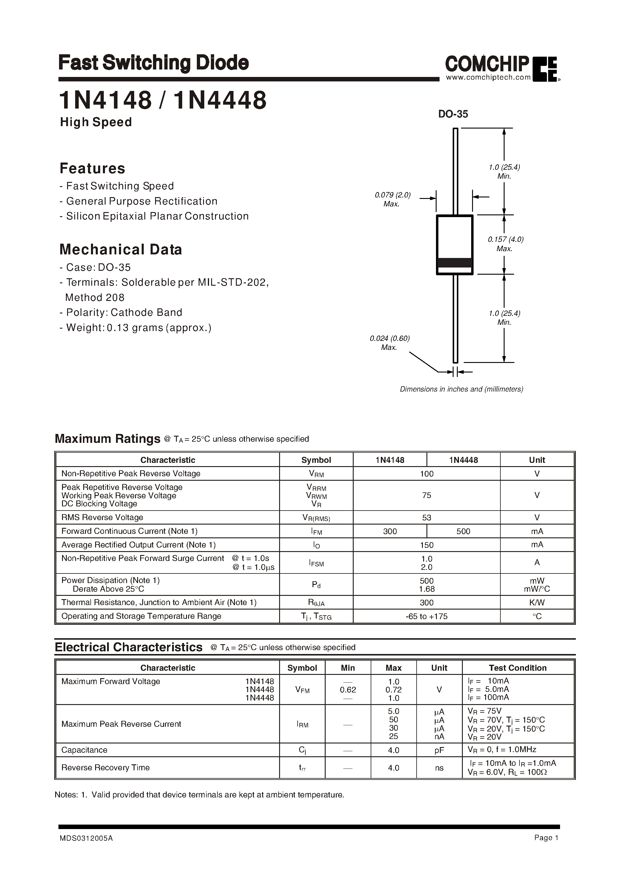 Datasheet 1N4148 - Fast Switching Diode page 1