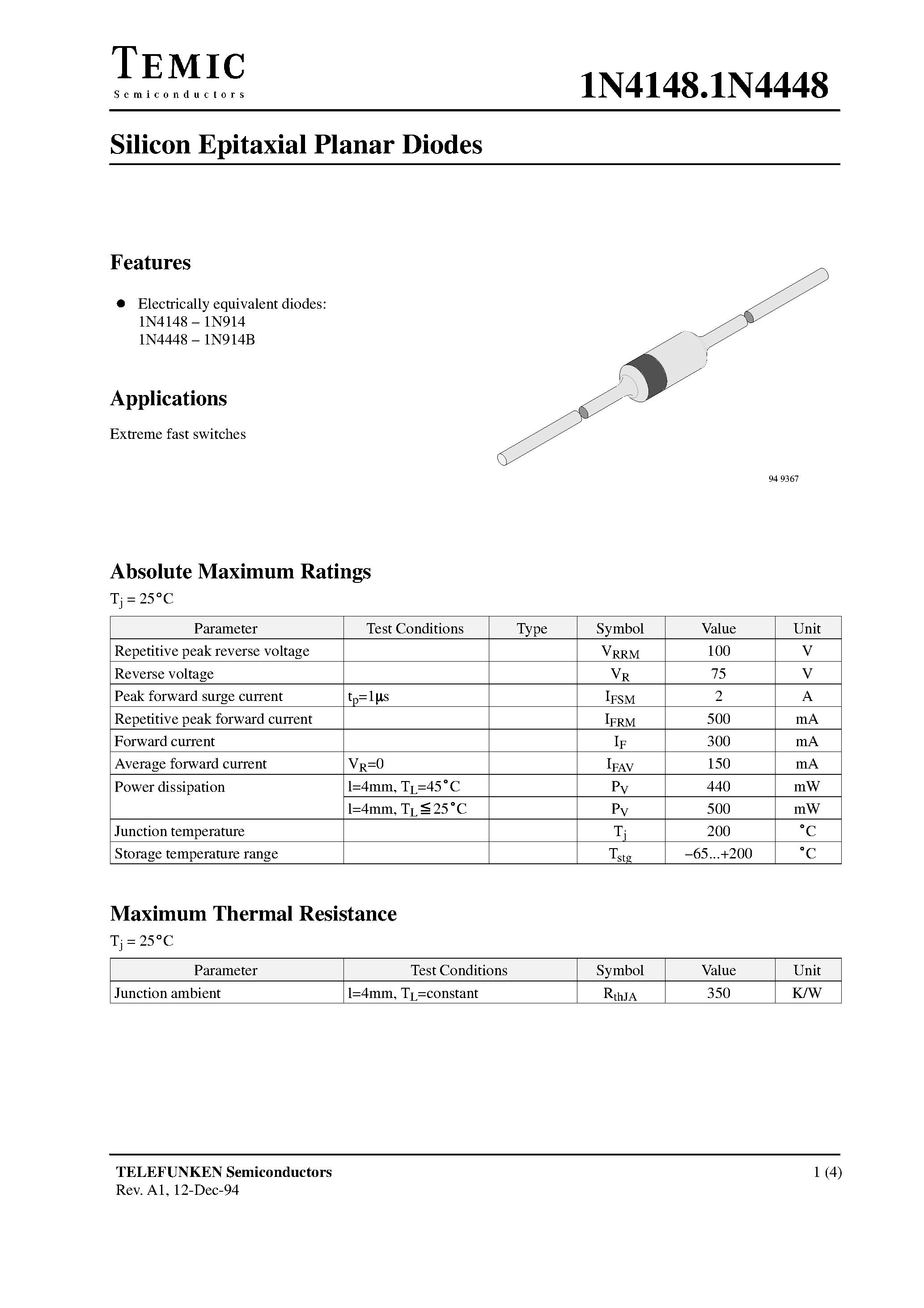 Datasheet 1N4148 - Silicon Epitaxial Planar Diodes page 1