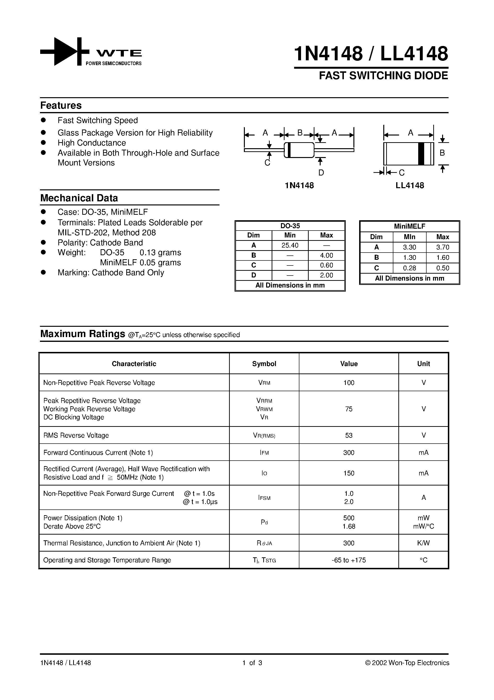 Datasheet 1N4148-T3 - FAST SWITCHING DIODE page 1