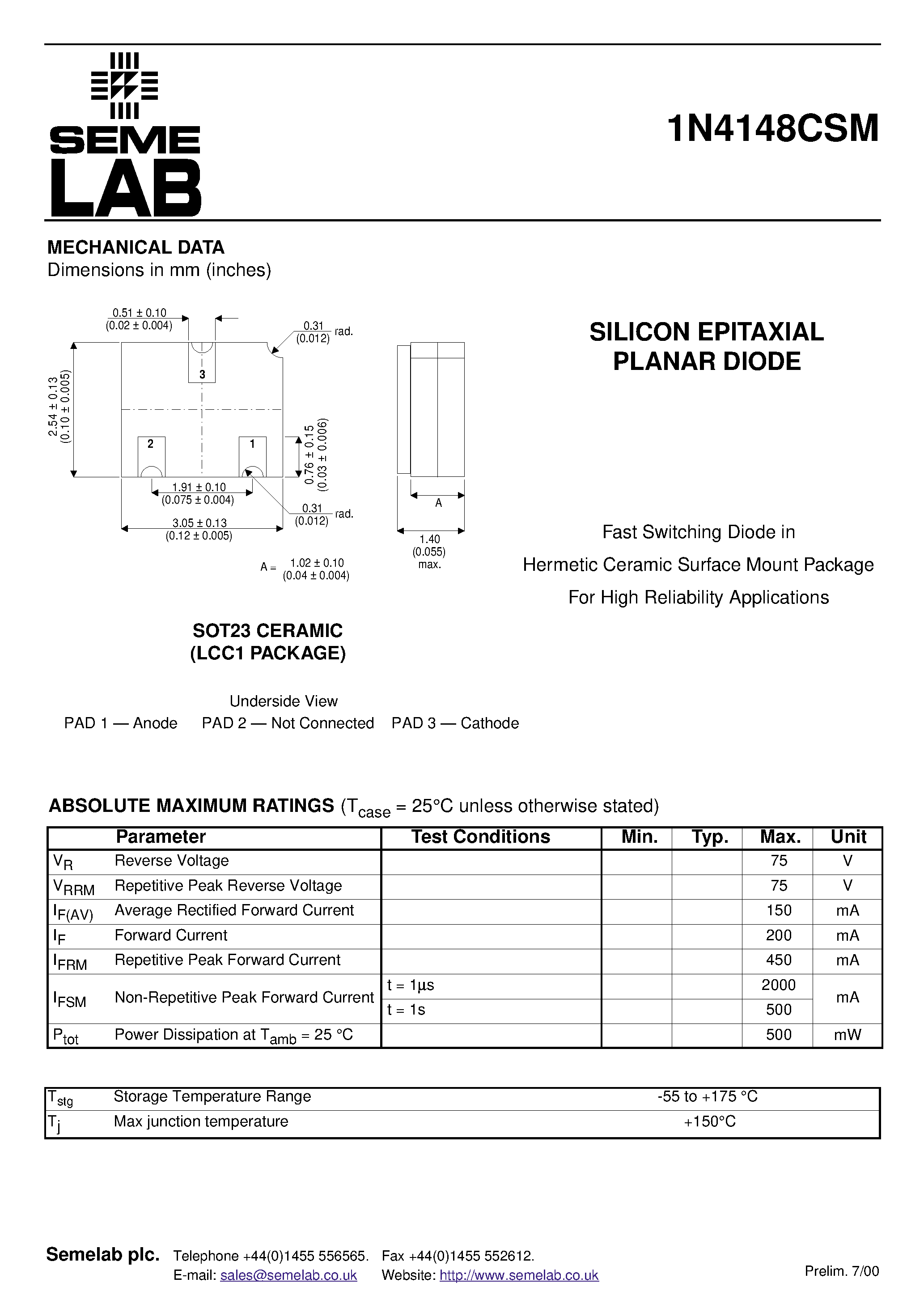 Datasheet 1N4148CSM - SILICON EPITAXIAL PLANAR DIODE page 1