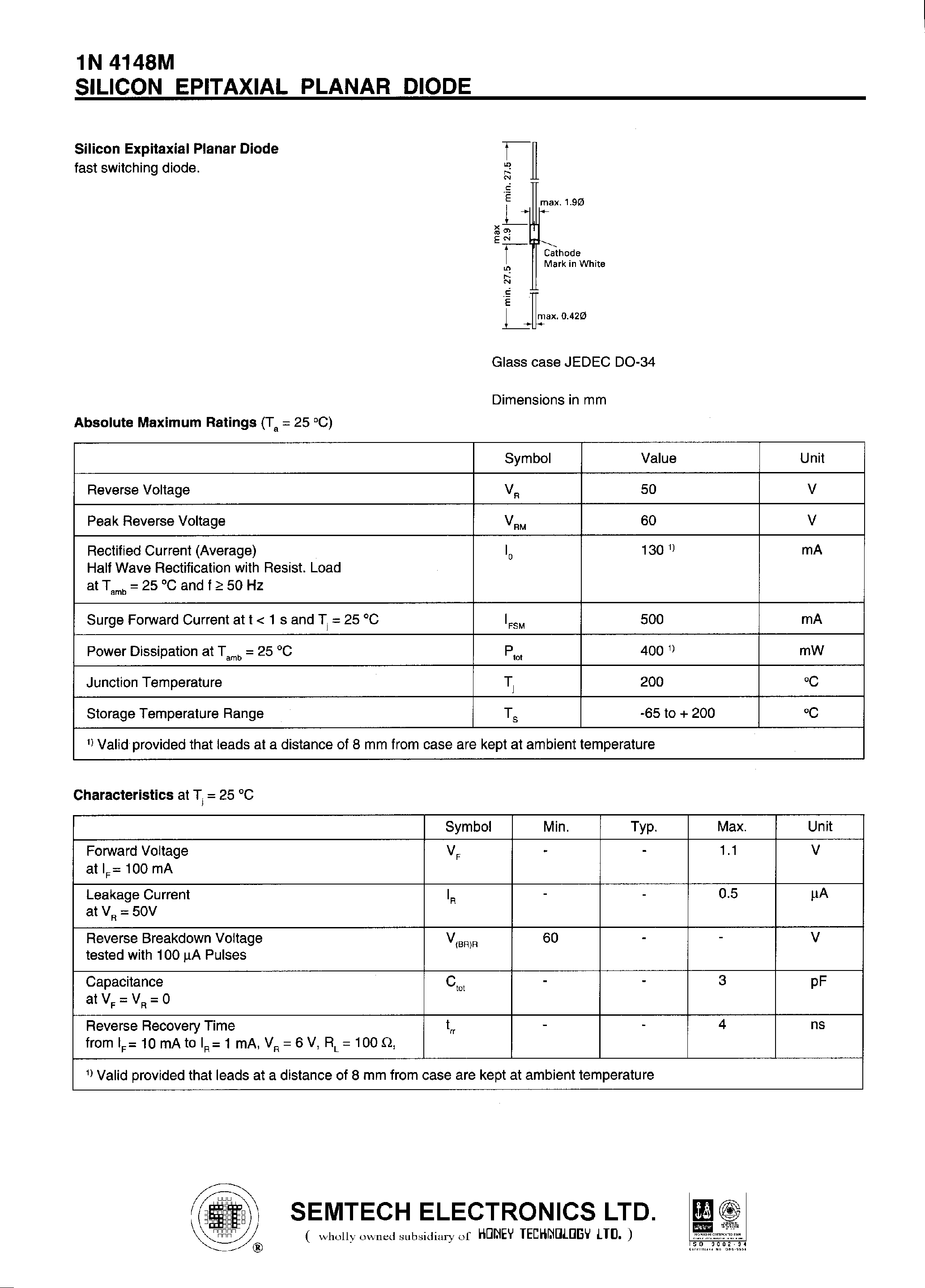 Datasheet 1N4148M - SILICON EPITAXIAL PLANAR DIODE page 1