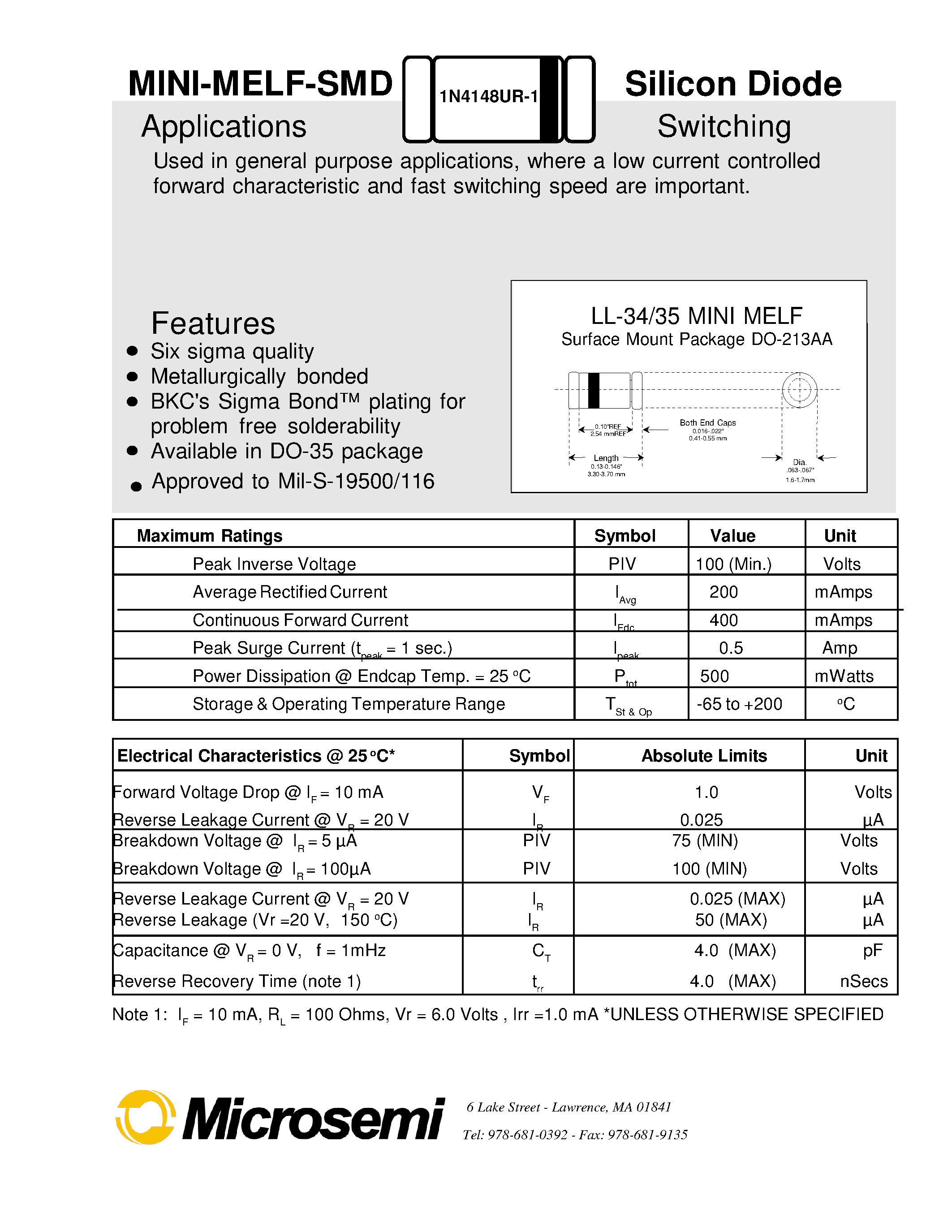 Datasheet 1N4148UR-1 - MINI-MELF-SMD Silicon Diode page 1