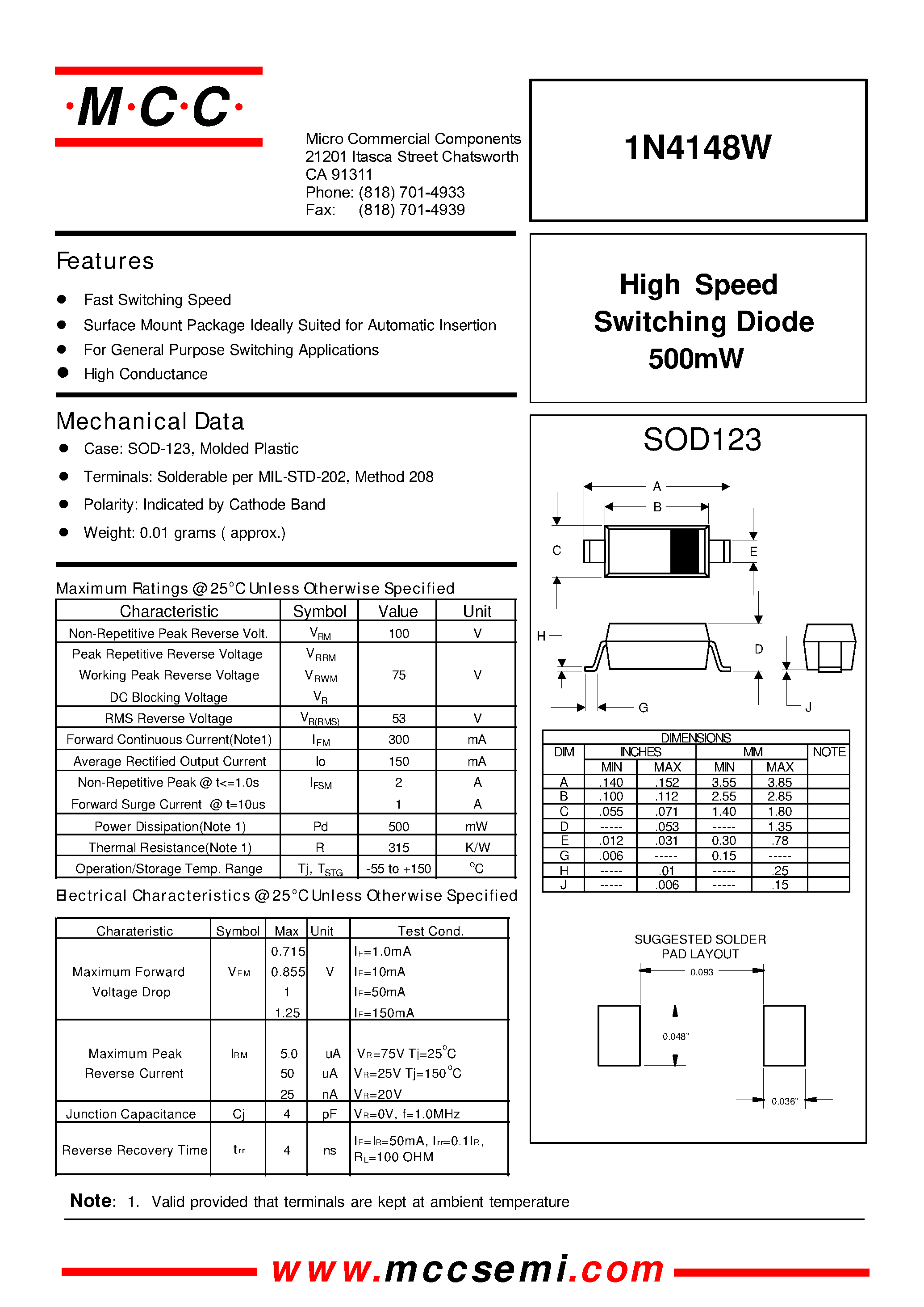Datasheet 1N4148W - High Speed Switching Diode 500mW page 1