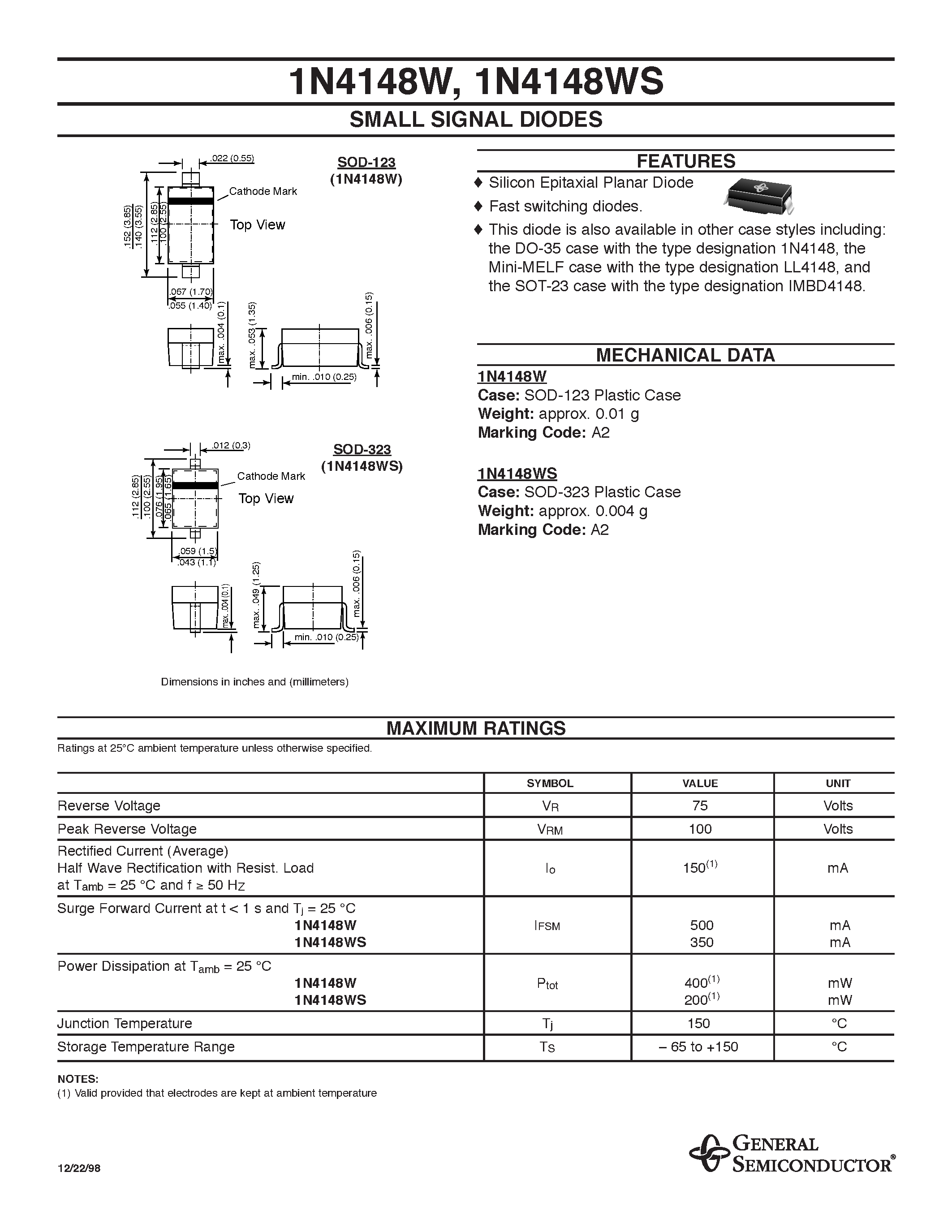 Datasheet 1N4148W - Small Signal Diodes page 1