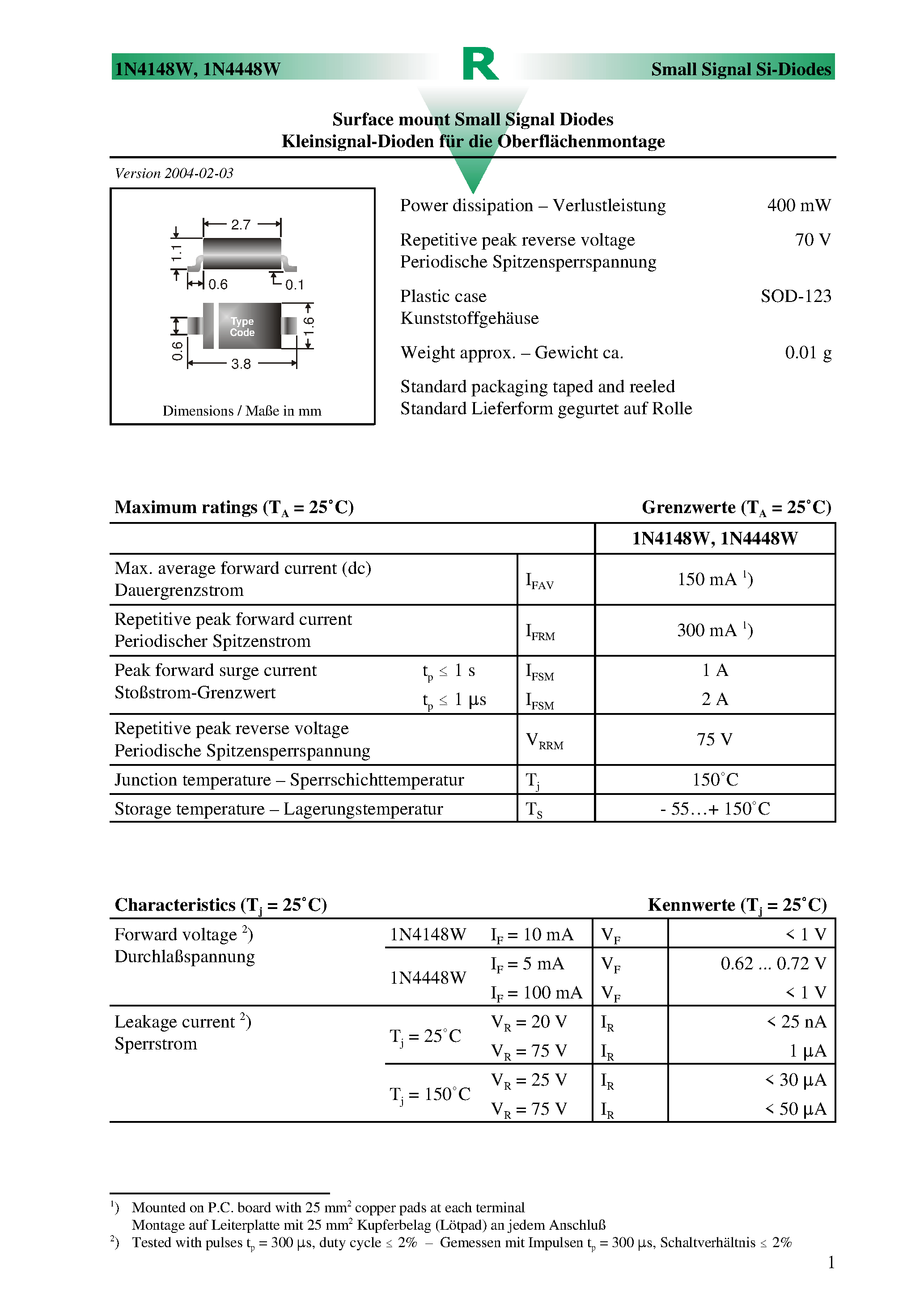 Datasheet 1N4148W - Surface mount Small Signal Diodes page 1
