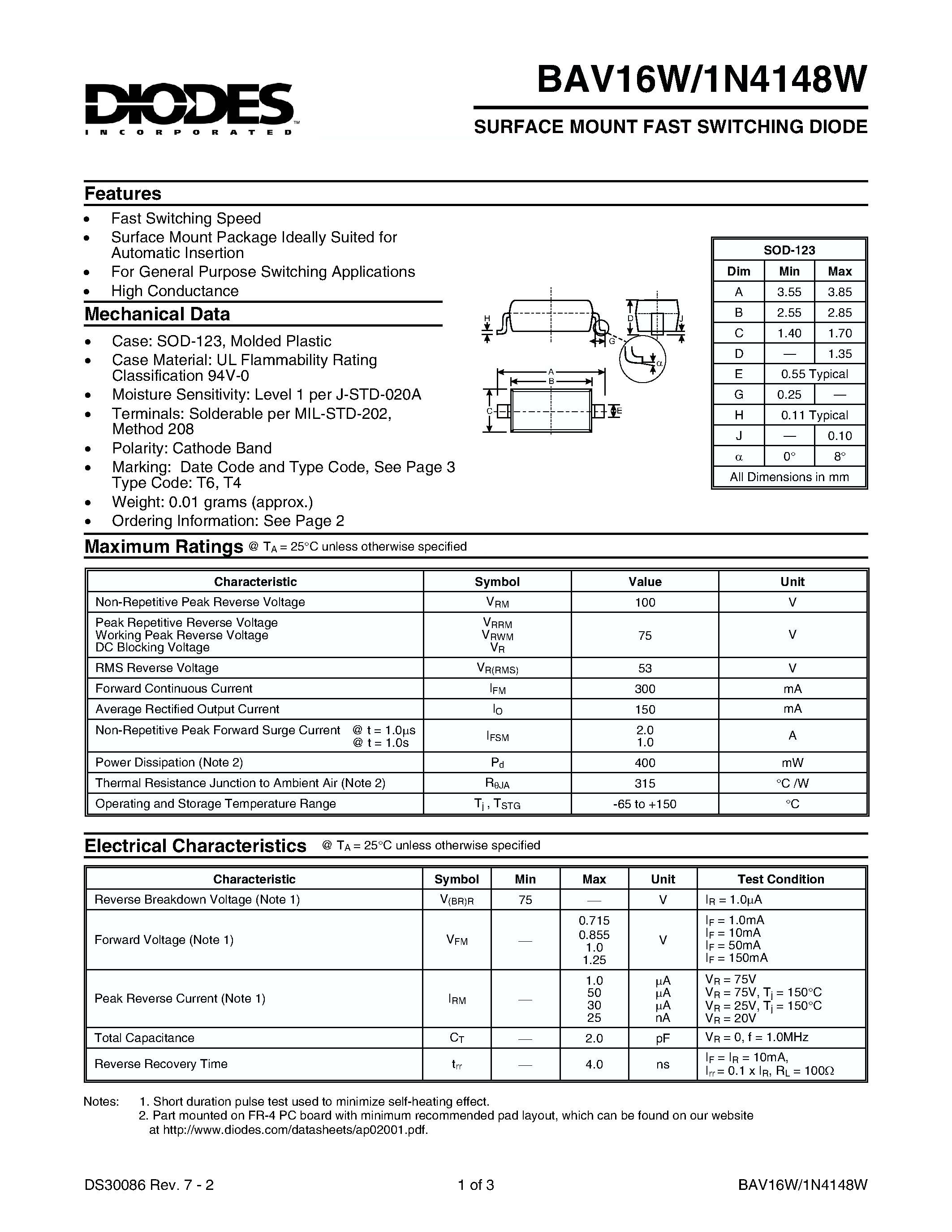 Даташит 1N4148W-7 - SURFACE MOUNT FAST SWITCHING DIODE страница 1